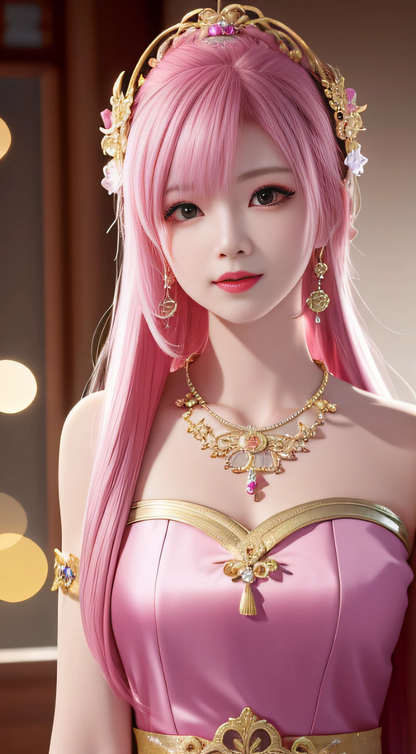 best quality, masterpiece, highres, 1girl,china dress,hair ornament,necklace, jewelry,Beautiful face,upon_body, tyndall effect,photorealistic, dark studio, rim lighting, two tone lighting,(high detailed skin:1.2), 8k uhd, dslr, soft lighting, high quality, volumetric lighting, candid, Photograph, high resolution, 4k, 8k, Bokeh, pink hair,,