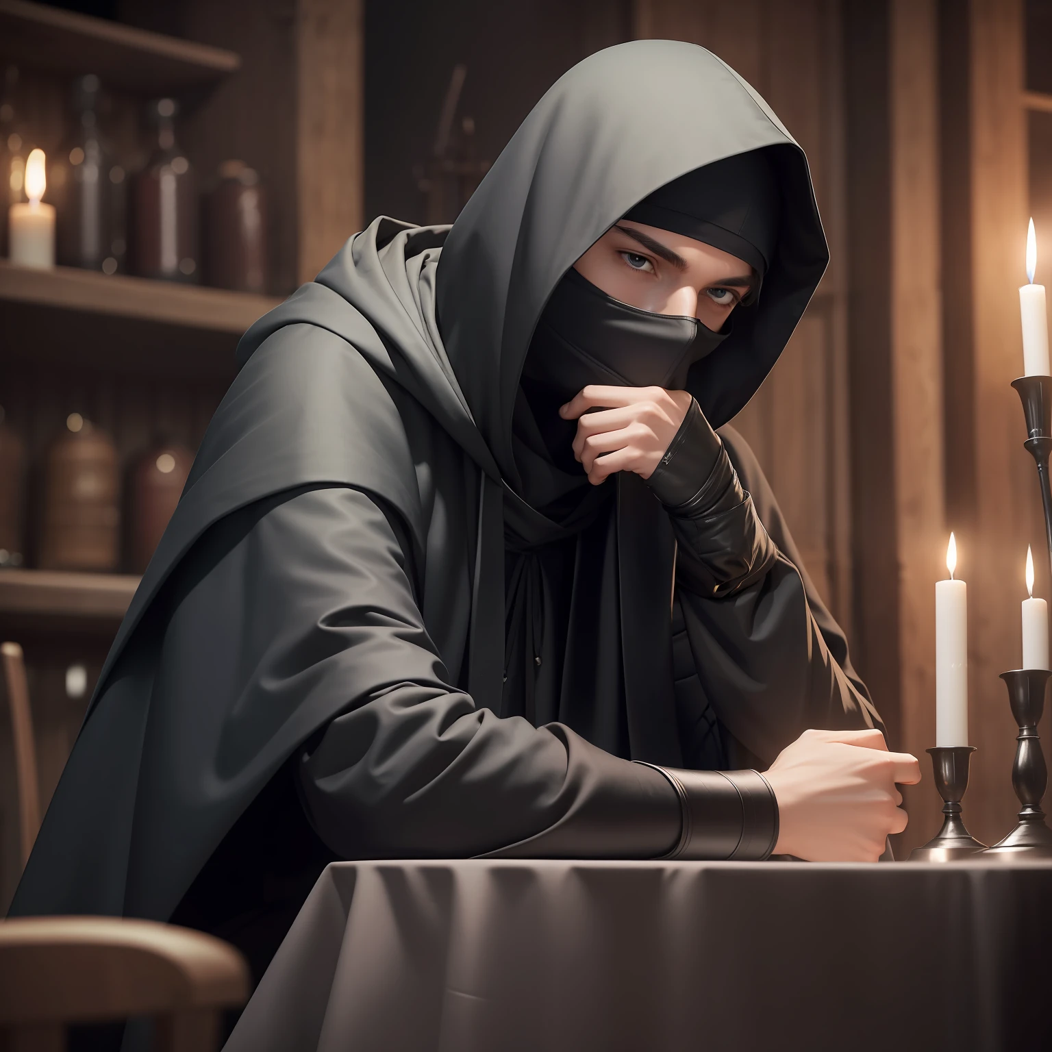 A thin, tall, handsome young man in a black cloak with a hood covering his face completely, a hood covering his face completely to the lips, black gloves on his hands, a completely hooded face, sitting at a table in a medieval tavern in the dark with candles