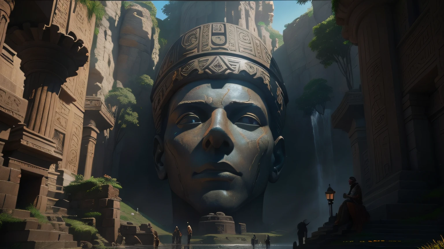 there is a statue of a man and a woman sitting on a rock, cinematic still in adam | unity, sid meier, an amusement park in old egypt, epic visuals, 2 0 1 9, (rust), gigantic pillars and flowers, vibrant: 0.75, auronplay, african iconography, ultrawide shots, moses