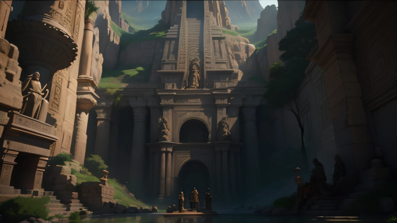 there is a statue of a man and a woman sitting on a rock, cinematic still in adam | unity, sid meier, an amusement park in old egypt, epic visuals, 2 0 1 9, (rust), gigantic pillars and flowers, vibrant: 0.75, auronplay, african iconography, ultrawide shots, moses