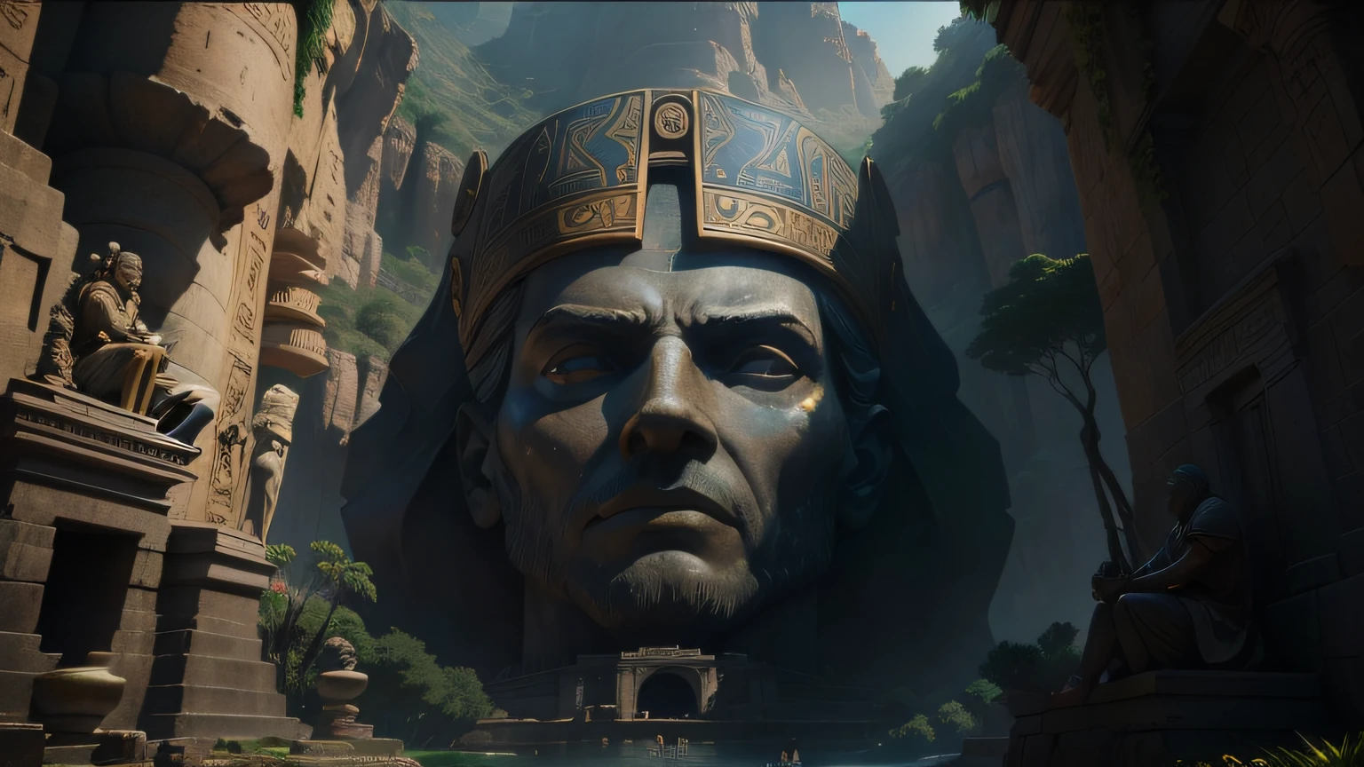 there is a statue of a man and a woman sitting on a rock, cinematic still in adam | unity, sid meier, an amusement park in old egypt, epic visuals, 2 0 1 9, (rust), gigantic pillars and flowers, vibrant: 0.75, auronplay, african iconography, ultrawide shots, moses