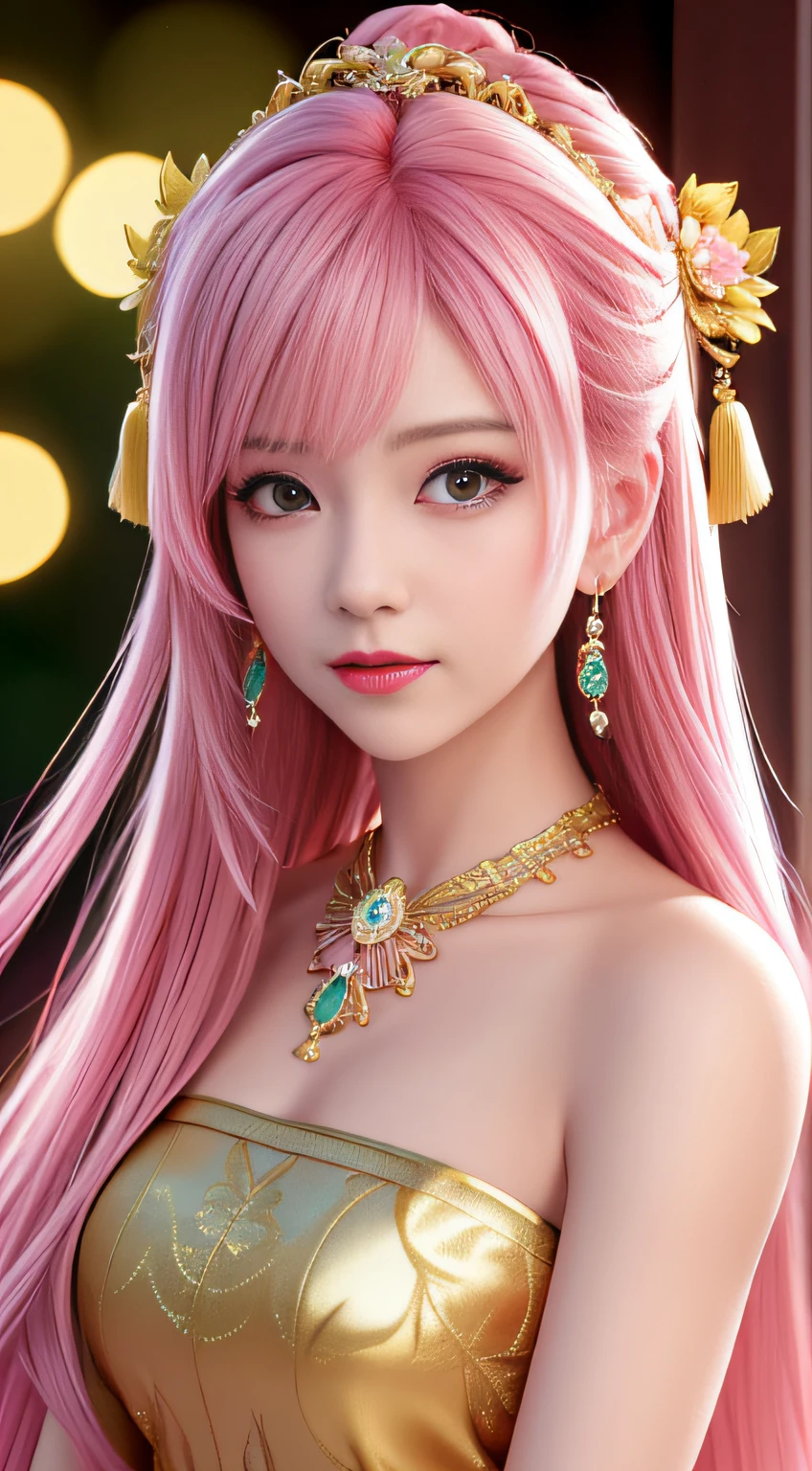 best quality, masterpiece, highres, 1girl,china dress,hair ornament,necklace, jewelry,Beautiful face,upon_body, tyndall effect,photorealistic, dark studio, rim lighting, two tone lighting,(high detailed skin:1.2), 8k uhd, dslr, soft lighting, high quality, volumetric lighting, candid, Photograph, high resolution, 4k, 8k, Bokeh, pink hair,,