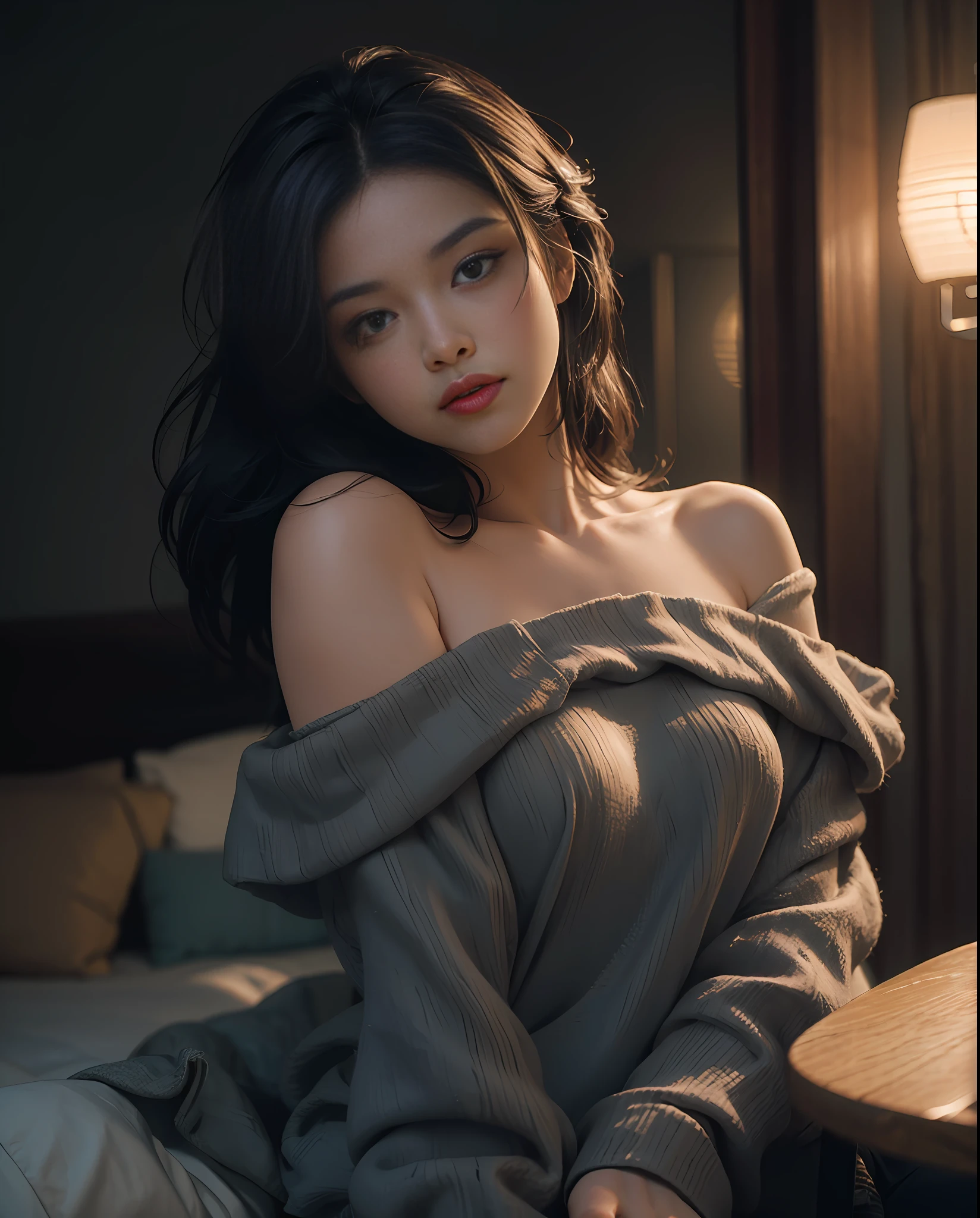 Best quality, masterpiece, ultra high res, (photorealistic:1.4), raw photo, 1girl, off shoulder, cinematic lighting, kiss poses