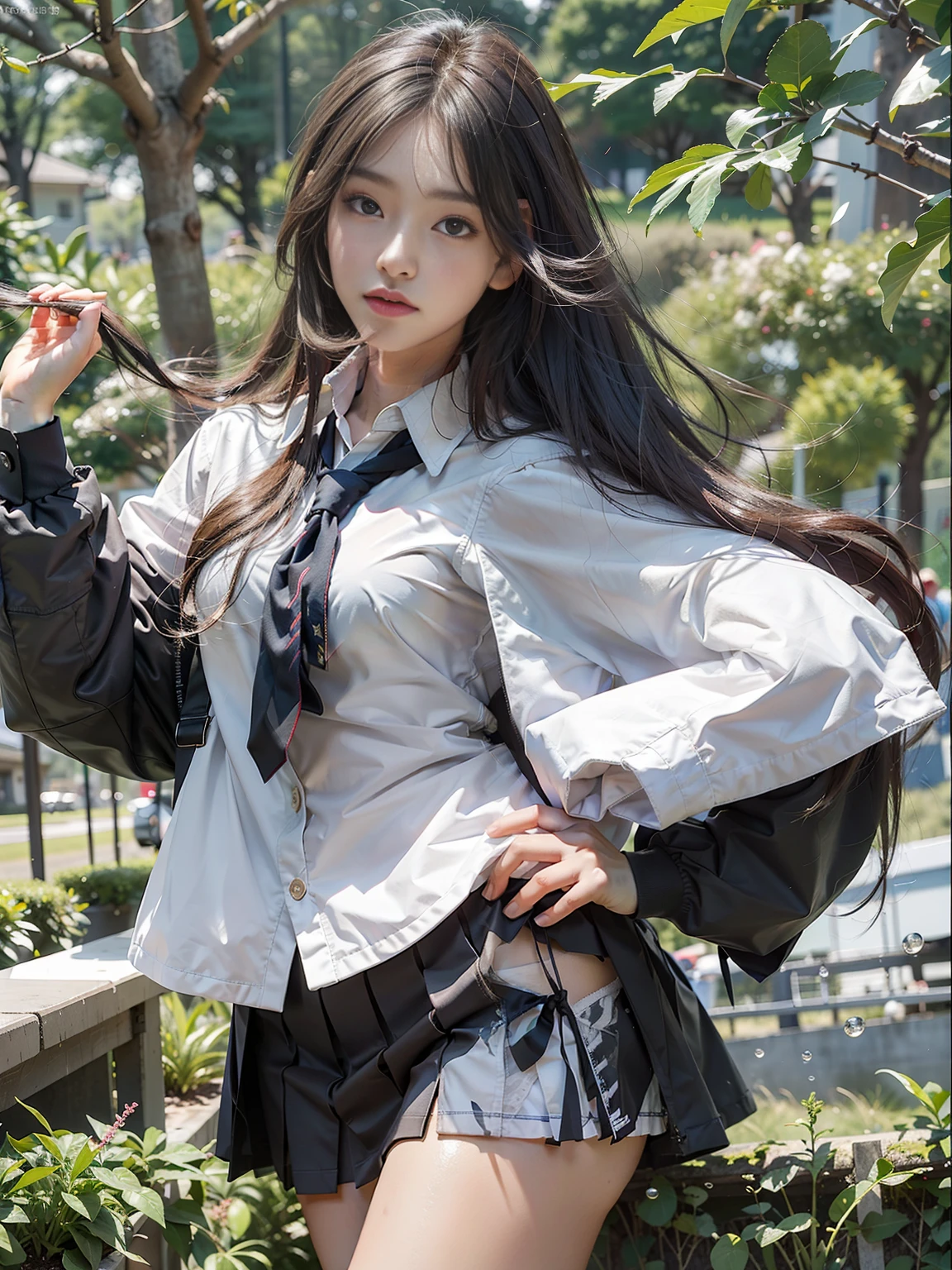 (Photogenic, Masterpiece: 1.5), campus, school uniform, sailor uniform, mini skirt, voluptuous body, beautiful face, rear view, thin underwear showing through from under uniform, Japan, high school student, real