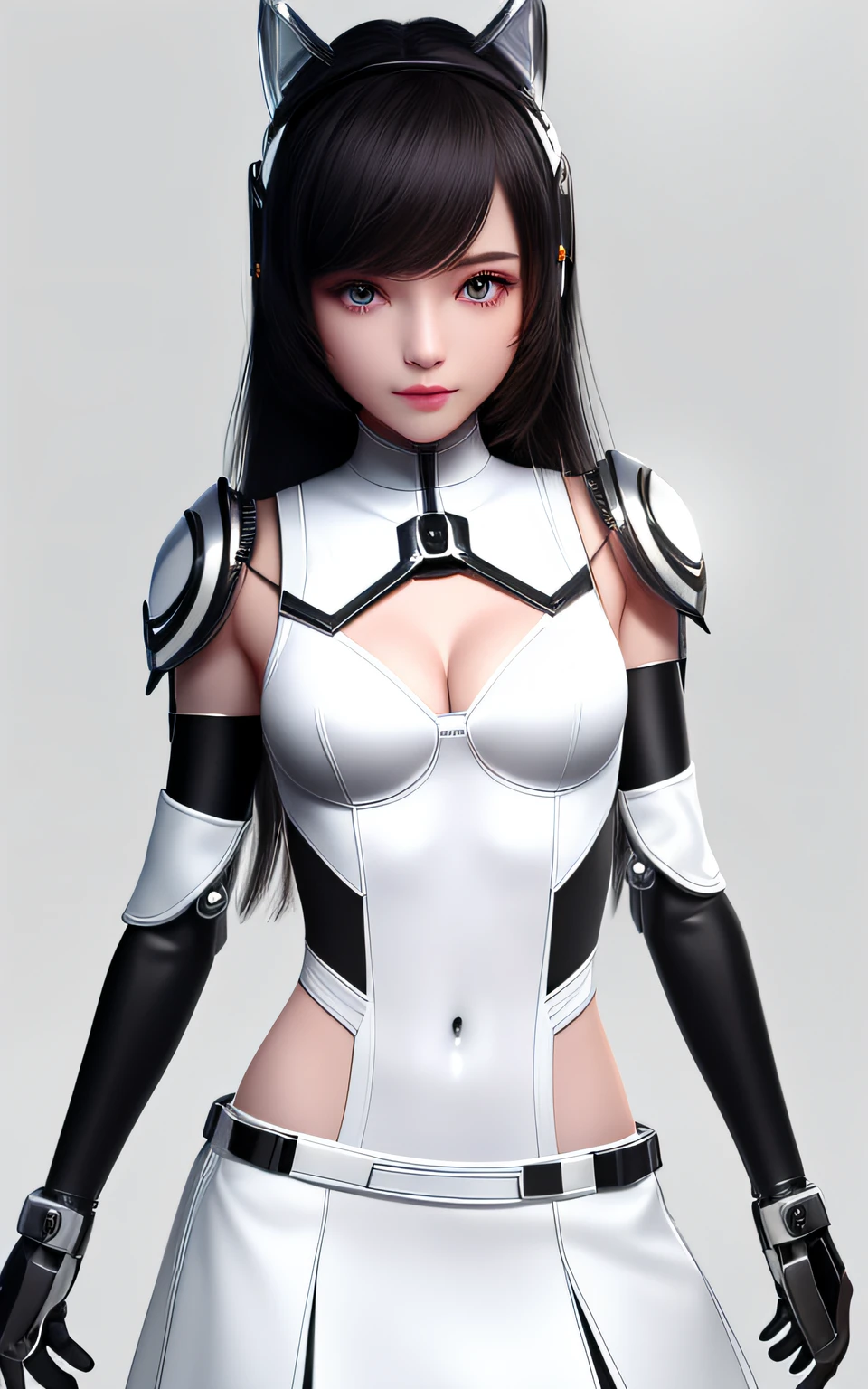 extremely cute human eighteen year old girl face, human torso, human chest, human belly, human hips, human thighs, human hands, robotic arms, robotic legs, arms and legs have hard white shiny shells and black joints, extremely pretty and feminine, short, petite, little, small, full hips, medium bust, (((cleavage showing))), (((flat belly showing))), partial helmet over ears with antenna, black robotic joints, very stylish, award winning product design, black rubber bodysuit, shiny white metal breastplate open at cleavage and belly, shiny white metal faulds over hips like a skirt, armor has stylish, glowing trim, white shiny epaulettes, rounded epaulettes