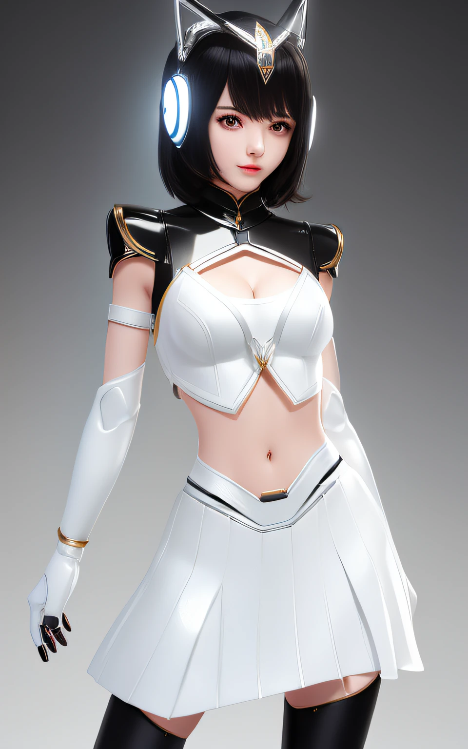 extremely cute human eighteen year old girl face, human torso, human chest, human belly, human hips, human thighs, human hands, robotic arms, robotic legs, arms and legs have hard white shiny shells and black joints, extremely pretty and feminine, short, petite, little, small, full hips, medium bust, (((cleavage showing))), (((flat belly showing))), partial helmet over ears with antenna, black robotic joints, very stylish, award winning product design, black rubber bodysuit, shiny white metal breastplate open at cleavage and belly, shiny white metal faulds over hips like a skirt, armor has stylish, glowing trim, white shiny epaulettes, rounded epaulettes