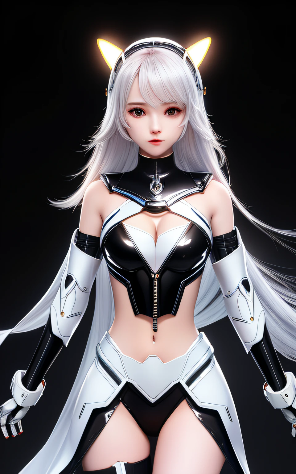 extremely cute human eighteen year old girl face, human torso, human chest, human belly, human hips, human thighs, human hands, robotic arms, robotic legs, arms and legs have hard white shiny shells and black joints, extremely pretty and feminine, short, petite, little, small, full hips, medium bust, (((cleavage showing))), (((flat belly showing))), partial helmet over ears with antenna, black robotic joints, very stylish, award winning product design, black rubber bodysuit, shiny white metal breastplate open at cleavage and belly, shiny white metal faulds over hips like a skirt, armor has stylish, glowing trim, white shiny epaulettes, rounded epaulettes