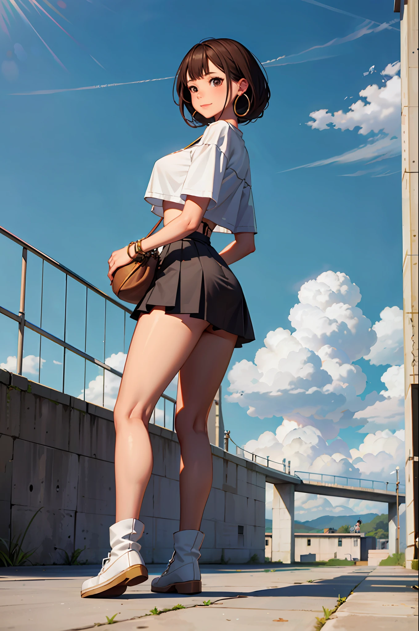 masterpiece, best quality,1girl,young girl,brown eyes,drill hair,happy smile,shiny skin,(nice leg line:1.3),thick thighs,thin waist,huge breasts
BREAK
, Lace-up_crop_top, midi_skirt, knee-high_boots, layered_necklaces, hoop_earrings, bucket_bag,
BREAK
, Skatepark,,crowd,depth of field,looking at viewer,standing,from behind,full body,legsupsexms