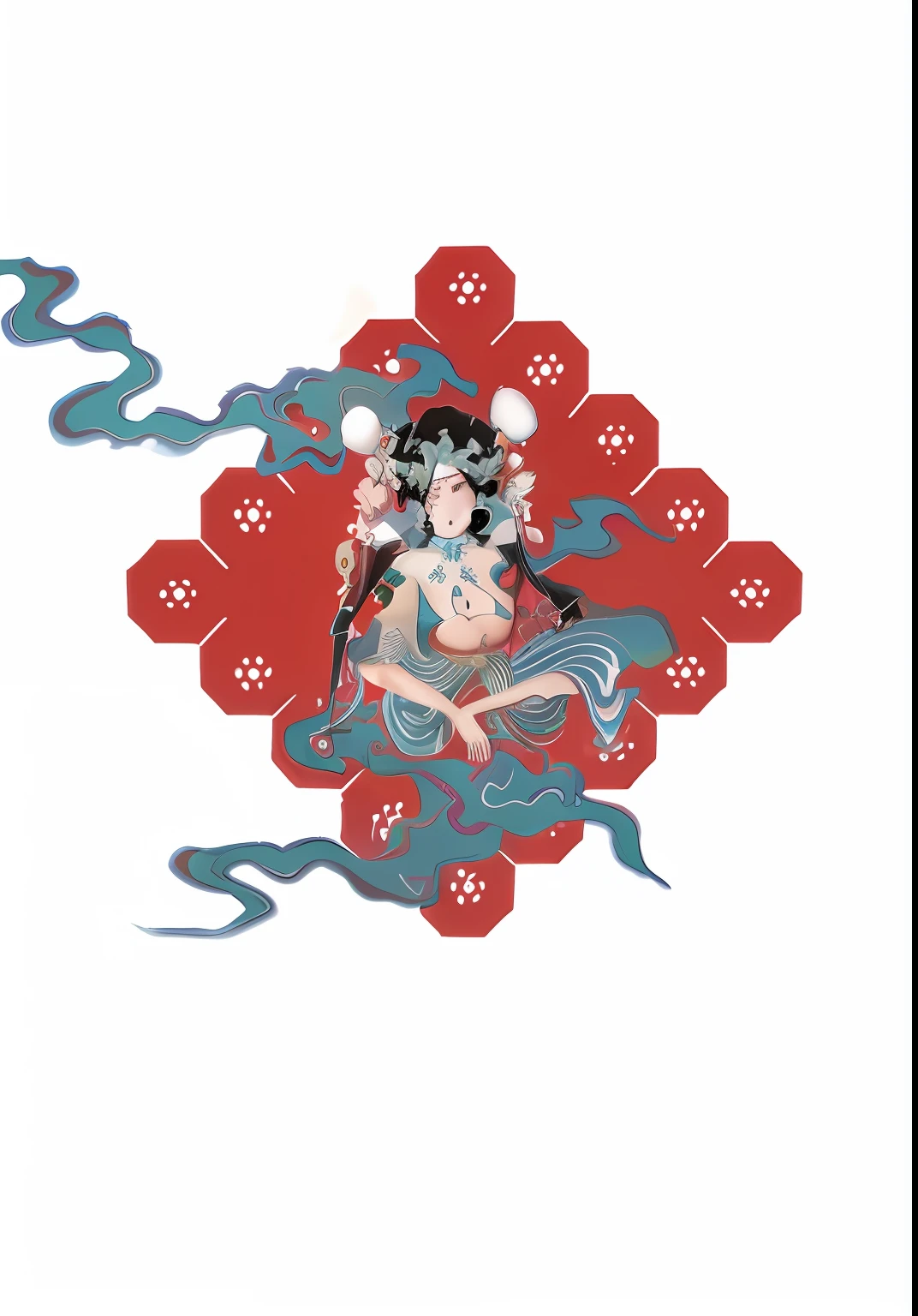 there is a woman sitting on a red flower with a dragon, inspired by Tawaraya Sōtatsu, inspired by Itō Jakuchū, inspired by Tōshūsai Sharaku, asura from chinese myth, inspired by Sesshū Tōyō, japanese god