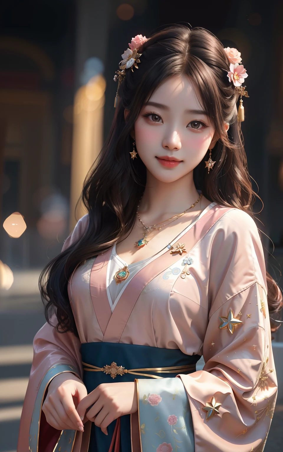 best quality, masterpiece, highres, 1girl,blush,(seductive smile:0.8),star-shaped pupils,china hanfu,hair ornament,necklace, jewelry,Beautiful face,upon_body, tyndall effect,photorealistic, dark studio, rim lighting, two tone lighting,(high detailed skin:1.2), 8k uhd, dslr, soft lighting, high quality, volumetric lighting, candid, Photograph, high resolution, 4k, 8k, Bokeh
