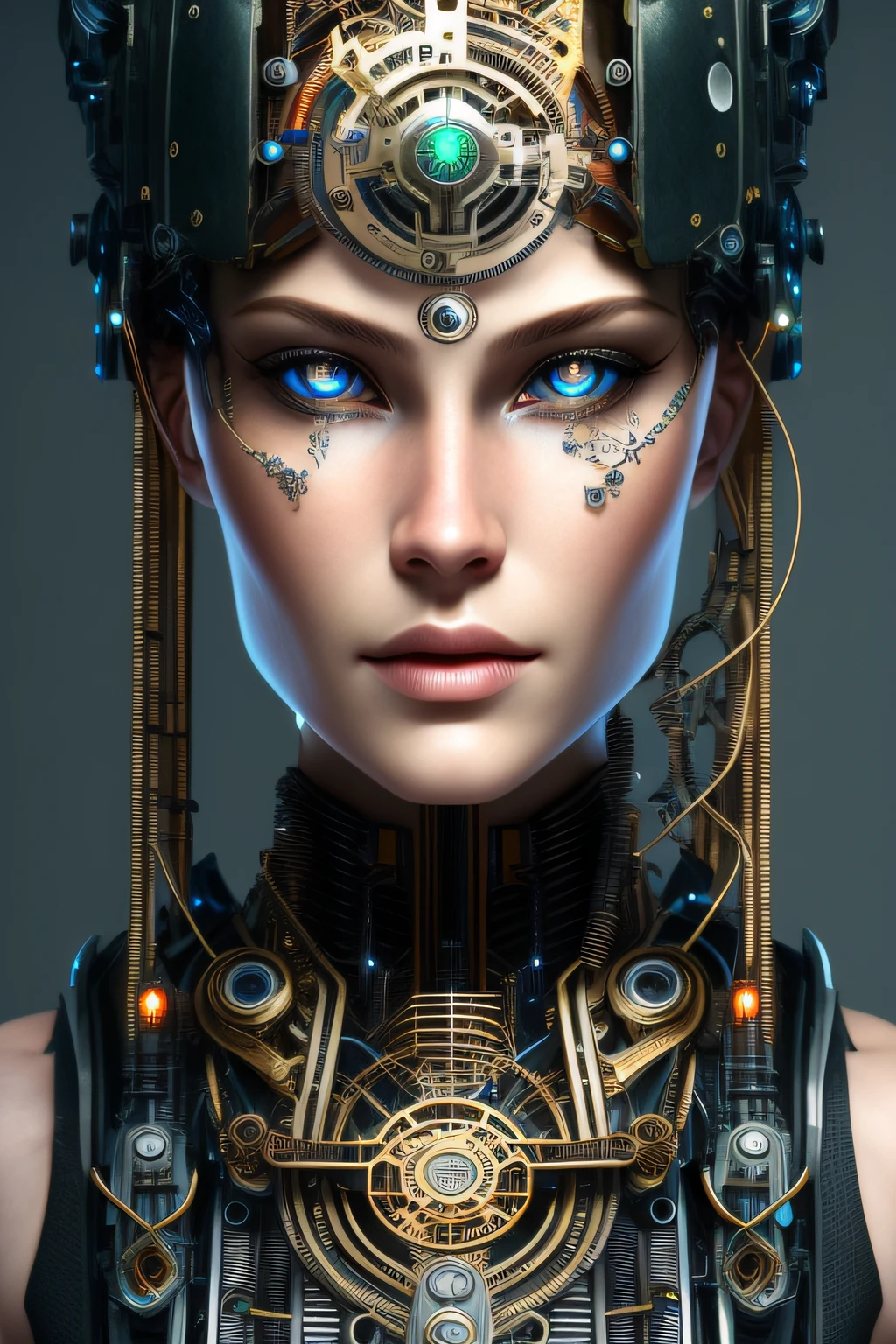 full-body cyborg| Full Body Portrait| realistic detailed face| symmetrical| steampunk| cyberpunk| cyborg | intricate detailed| scalar| hyperrealistic| cinematographic lighting| concept art| warrior style.