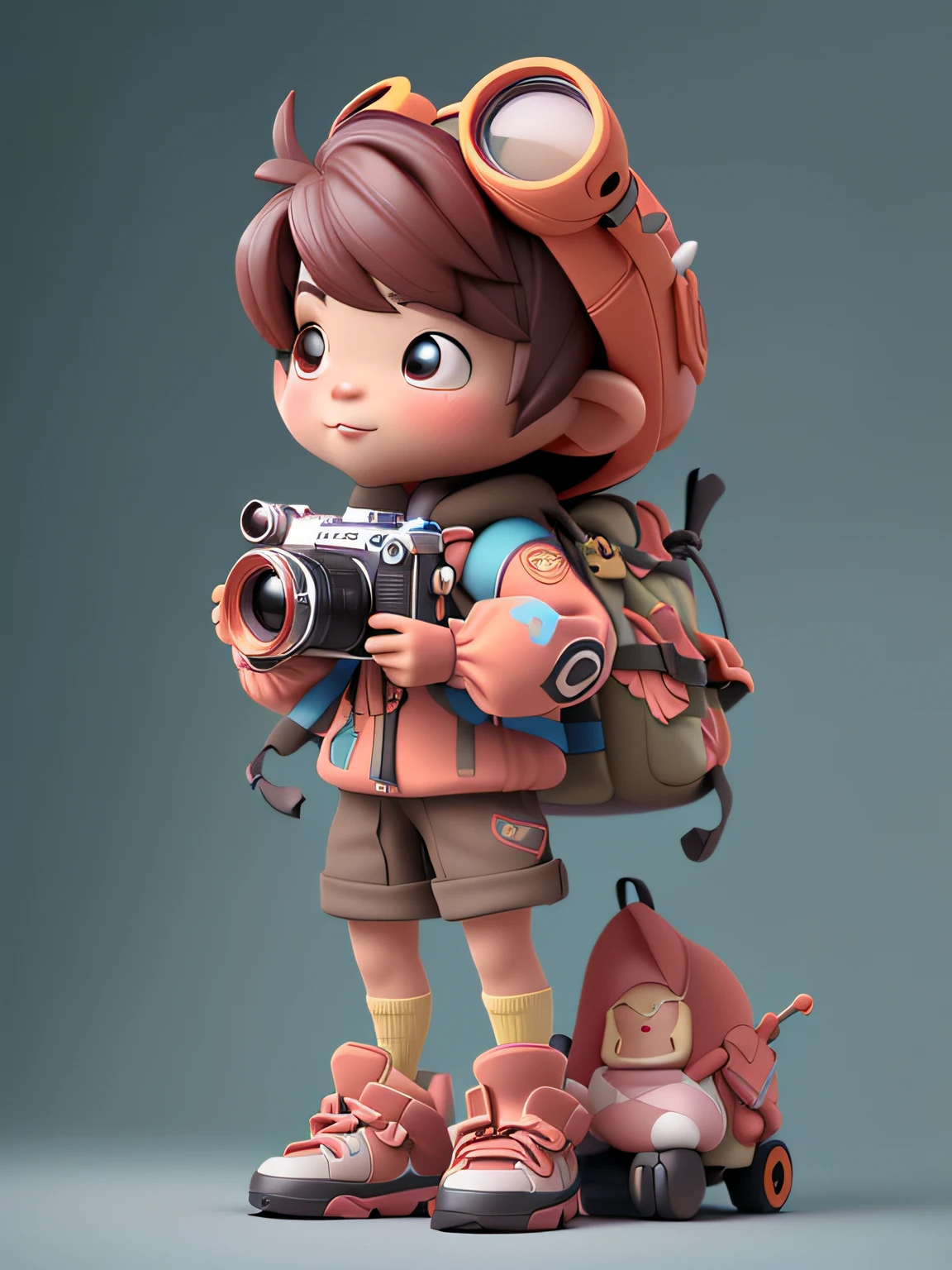 a close up of a toy with a camera and a backpack, female explorer mini cute girl, cute 3 d render, by jeonseok lee, cute detailed digital art, adorable digital painting, 3 d render stylized, 3 d character art, toon render keyshot, childrens art in artstation, cute cartoon character, high quality character design, 3d characters