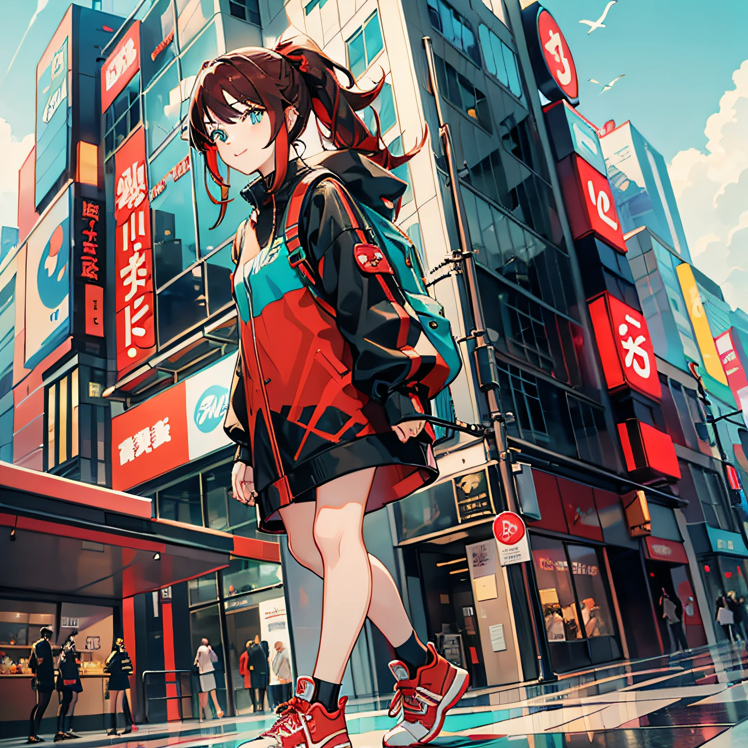 1 pretty girl, illustration, anime, red and black clothes, ponytail, turquoise eyes, smile, 8 heads, loosely wavy orange hair、!! Full body portrait!!、 late teens, raincoat, luxury sneakers, fashion model, rucksack, near future, turquoise ribbon, pale color, building in Shibuya, blue sky