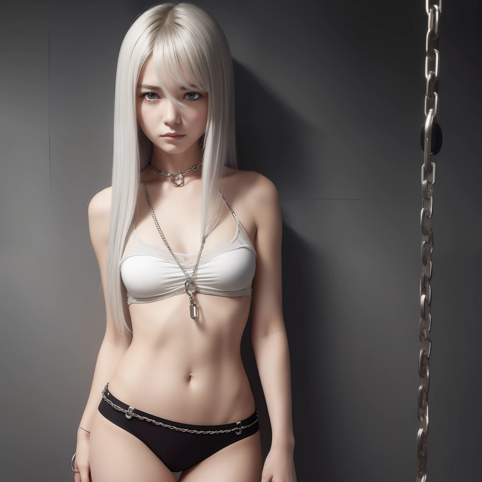 Masterpiece,1 girl,Solo,Silver hair,Hair intake,Torn clothes,Handcuffs,Chain,Navel,Tears,Neutral face