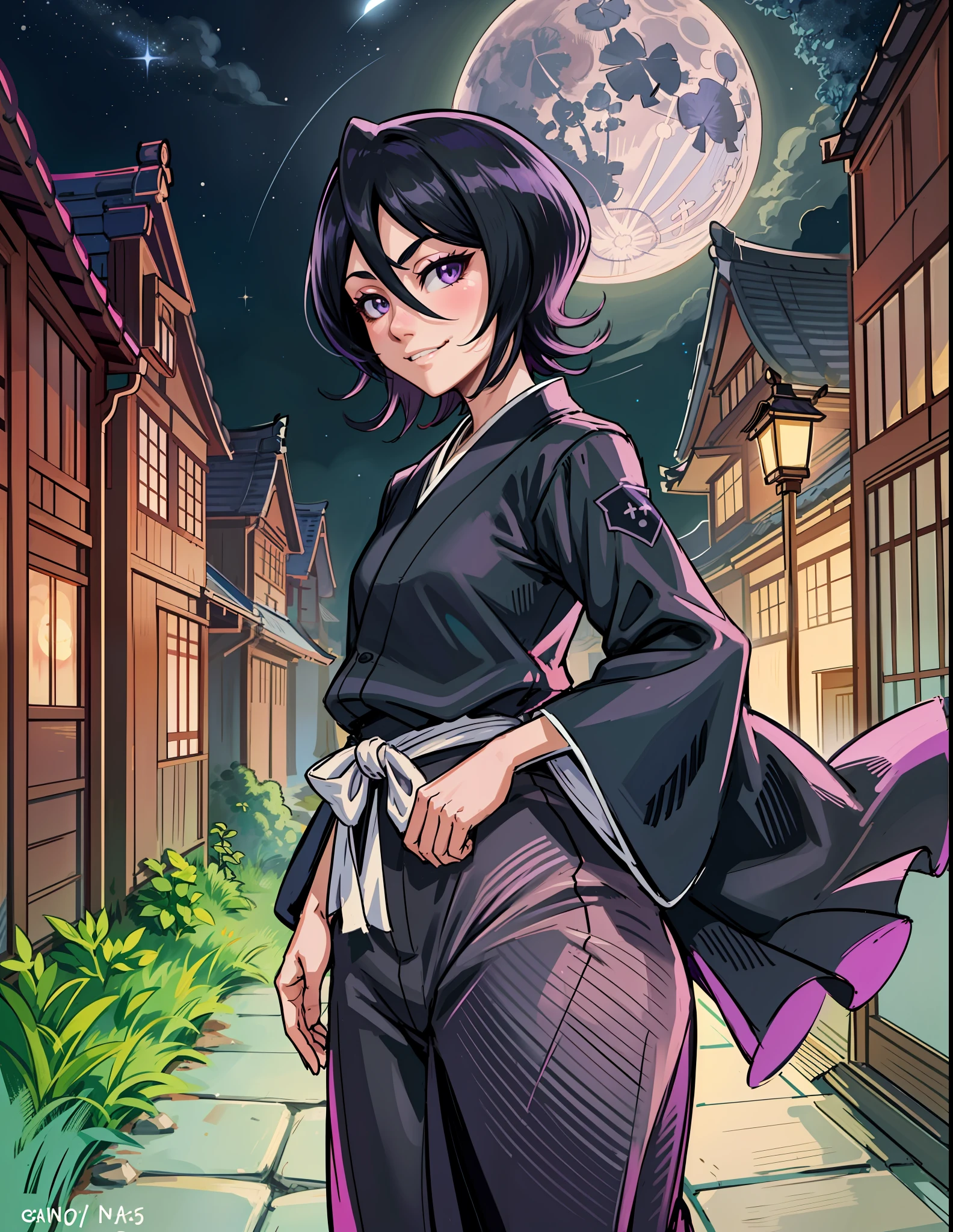 anime screen, night sky, moon, forest, path, 1girl, solo, short hair, black hair, purple eyes, japanese clothes, looking at the viewer, black kimono, hair between eyes, cowboy shot, wide sleeves, hakama pants, back, closed mouth, grin, walk, look around, wide hips, big ass