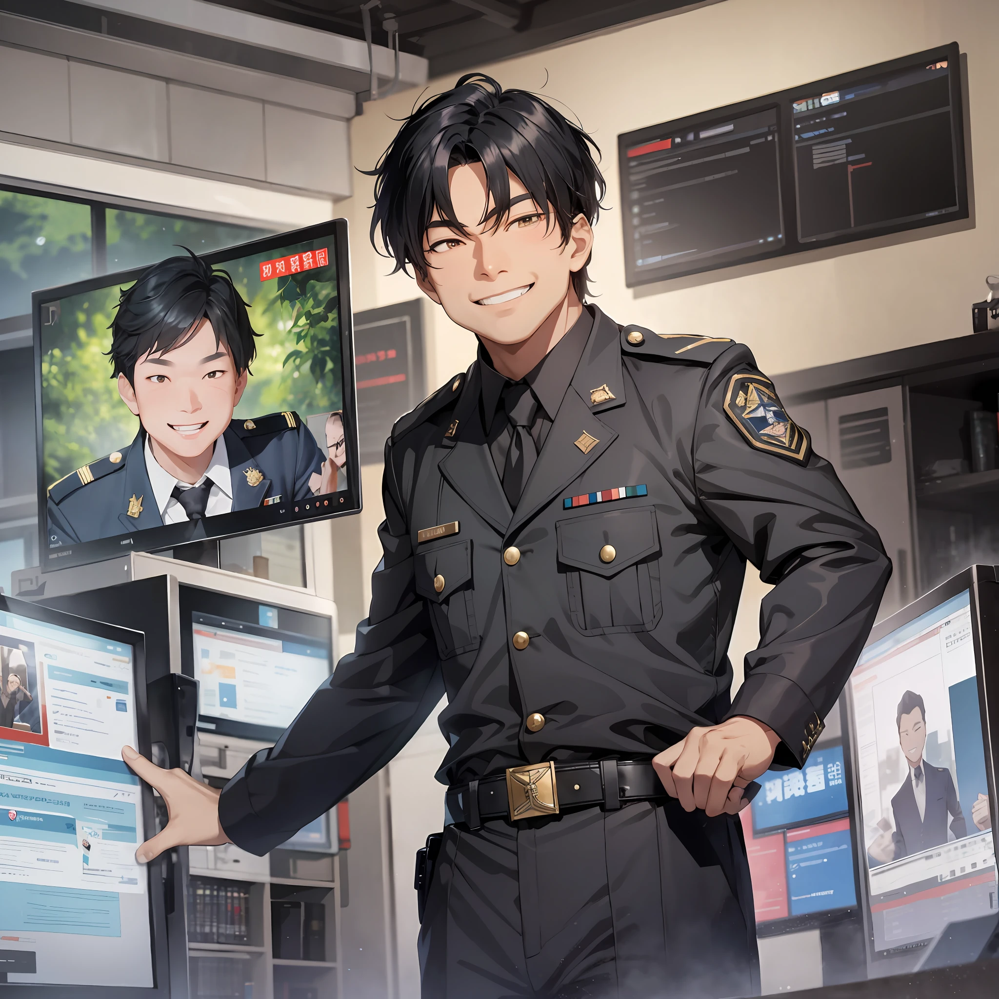 A black-haired Asian middle-aged man dressed as an officer with a happy and smug expression in the background is that there are many large screens in the combat command