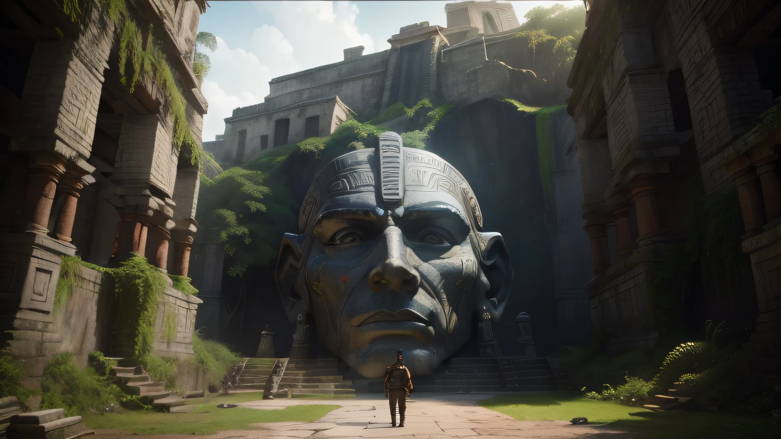 there is a statue of a man with a face in front of a building, movie still of aztec cyborg, in - game screen shot, large temples, mayan temple in the jungle, promotional movie poster, psytrance, face shown, shot on anamorphic lenses, playable trailer