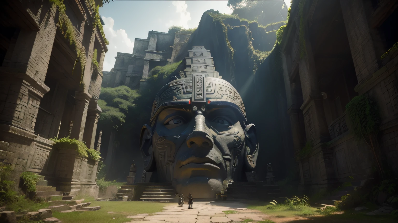 there is a statue of a man with a face in front of a building, movie still of aztec cyborg, in - game screen shot, large temples, mayan temple in the jungle, promotional movie poster, psytrance, face shown, shot on anamorphic lenses, playable trailer