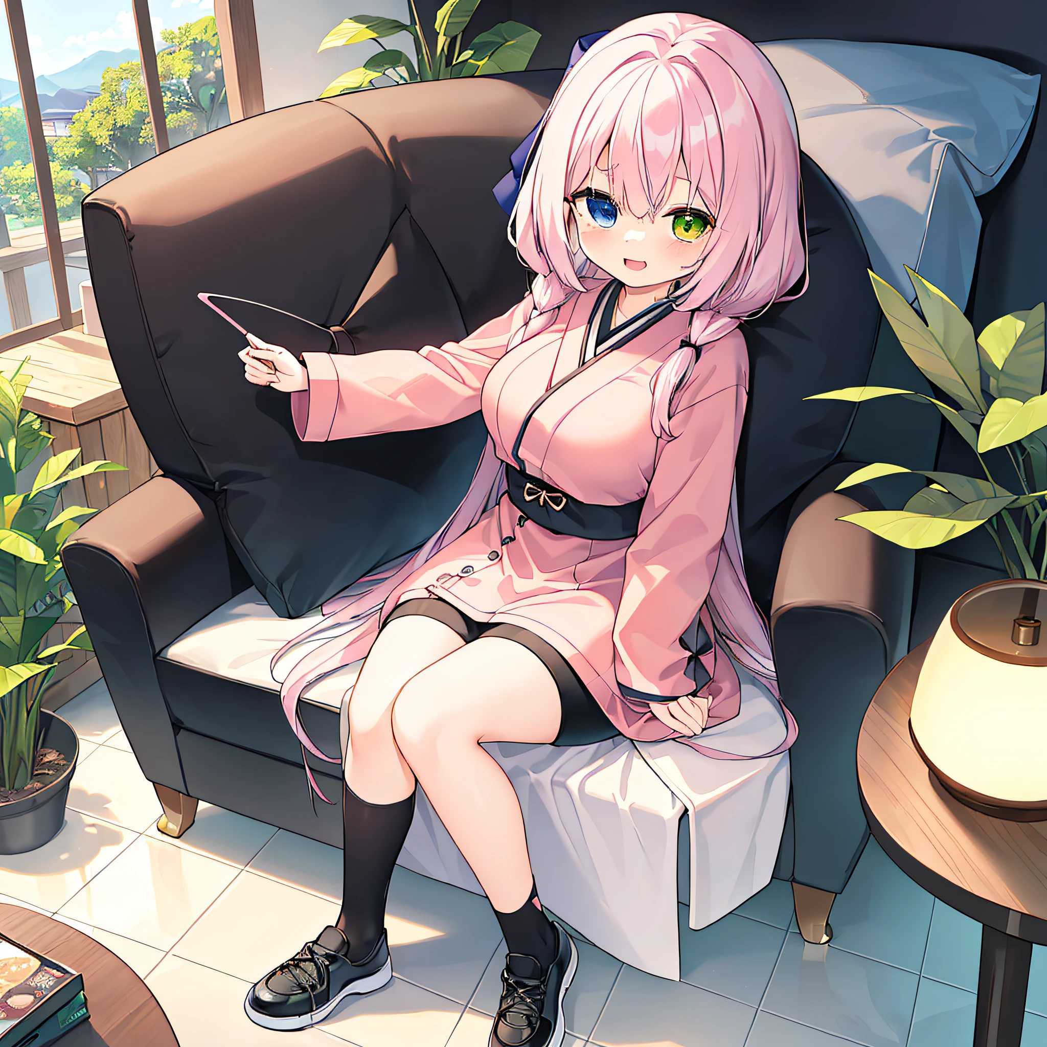 (masterpiece,ultra-detailed,Best quality, 8k, 32k,high resolution,Kyoto Animation style of anime illustration, highest quality official art featuring:1.6),(heterochromia,blue eyes and green eyes:1.8),(chibi:1.8),(caregiver,1 cute girl,solo,standing,looking at viewer,full body,front body,cute open mouth,make up,kawaii,happy smile:1.3),(li:1.2),(kawaii:1.5),(Clothing:black long under shirt,simple design red polo shirt with 3buttons, black pants),(Footwear:sneaker),(pale pink hair, twin braids, long hair,hair ribbon,cute ribbon:1.1),slender eyebrows, large breast,(bakcground:couch, plant, indoors, scenery, chair, table, pillow, wooden floor, potted plant, tile floor, tiles, lamp)