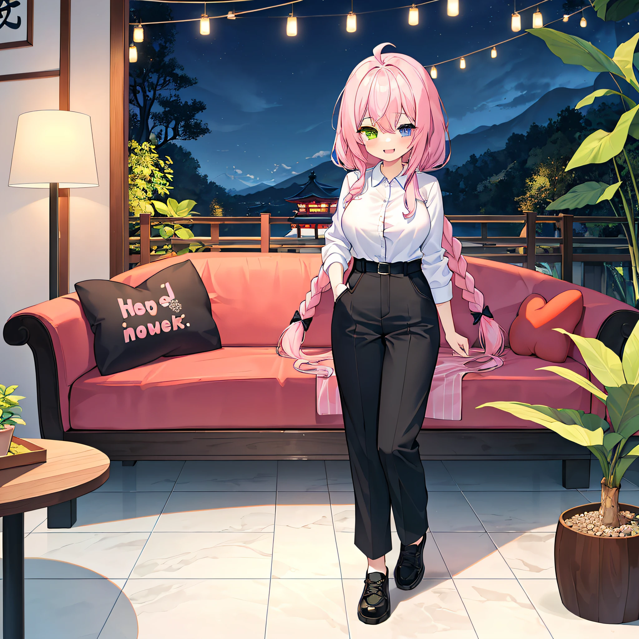 (masterpiece,ultra-detailed,Best quality, 8k, 32k,high resolution,Kyoto Animation style of anime illustration, highest quality official art featuring:1.6),(heterochromia,blue eyes and green eyes:1.8),(chibi:1.8),(caregiver,1 cute girl,solo,standing,looking at viewer,full body,front body,cute open mouth,make up,kawaii,happy smile:1.3),(li:1.2),(kawaii:1.5),(Clothing:black long under shirt,simple design red polo shirt with 3buttons, black pants),(Footwear:sneaker),(pale pink hair, twin braids, long hair,hair ribbon,cute ribbon:1.1),slender eyebrows, large breast,(bakcground:couch, plant, indoors, scenery, chair, table, pillow, wooden floor, potted plant, tile floor, tiles, lamp)
