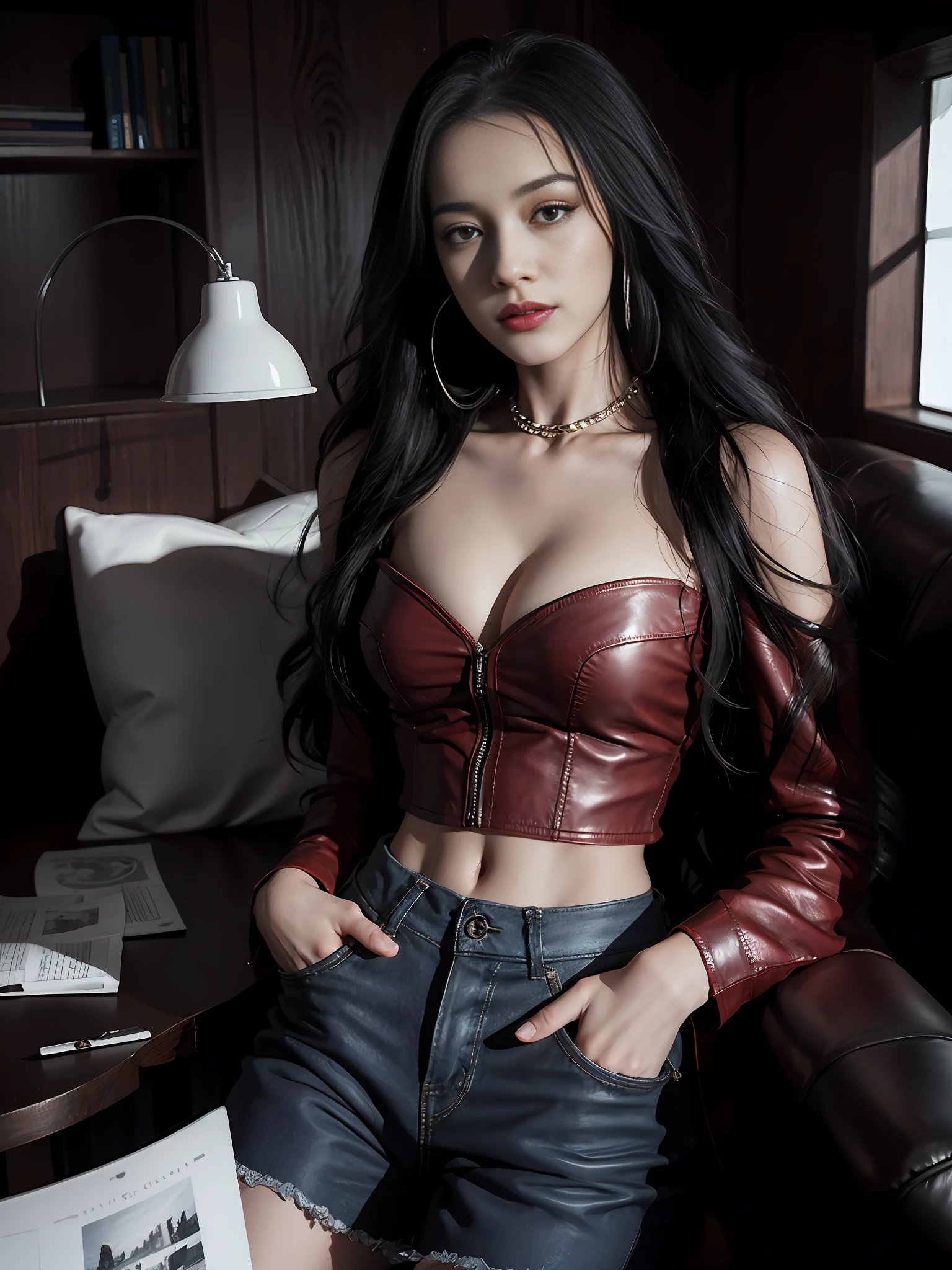 Woman with room, long hair realistic, vivid image, masterpiece, (best quality: 1.2), ultra detail, realistic, hd, high quality, cinematic light, ray tracing, super high resolution, UHD, (realistic: 1.5), complex detail, detailed texture, fine detail, high quality shadows, red leather jacket, bare shoulders, bare waist