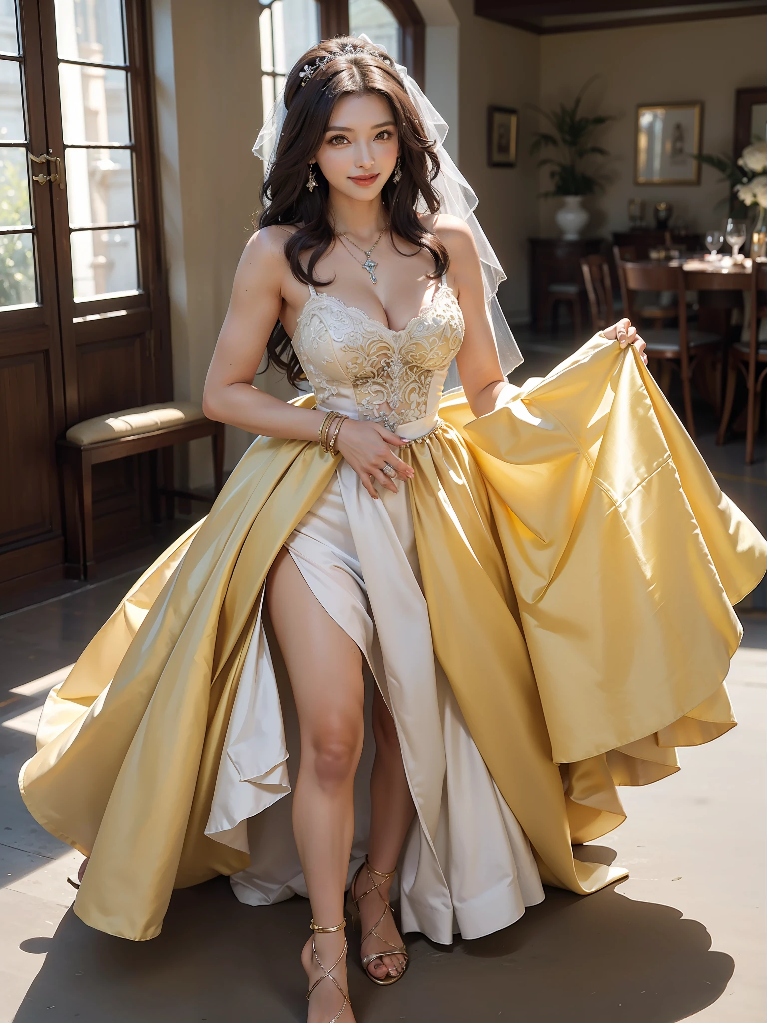 (Female: 1.2), (slim figure), (smile), (5 thumbs), (large breasts: 1.2), (dark brown hair color), (brown eyes), (mullet head binding), (yellow sexy wedding dress), (ring finger diamond ring), (mercury heels), (necklace), (bracelet), bridal shop, masterpiece, realism