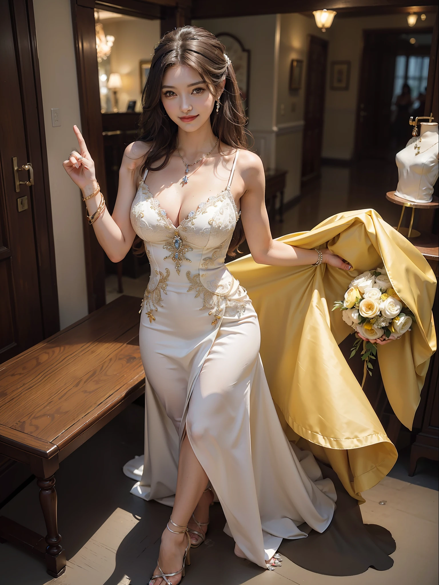 (Female: 1.2), (slim figure), (smile), (5 thumbs), (large breasts: 1.2), (dark brown hair color), (brown eyes), (mullet head binding), (yellow sexy wedding dress), (ring finger diamond ring), (mercury heels), (necklace), (bracelet), bridal shop, masterpiece, realism
