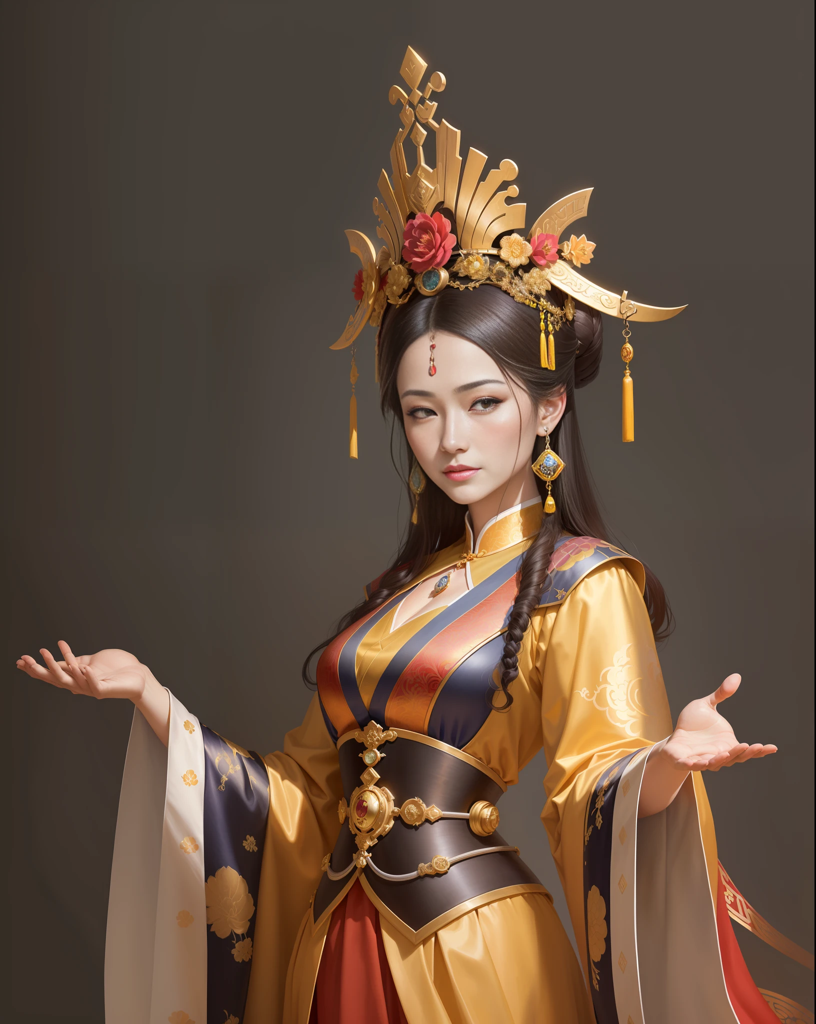 The work is created using realistic oil painting techniques, a female emperor in a gorgeous yellow robe in China, beautiful figure painting, the female emperor of the Tang Dynasty, with a serious expression, Wu Zetian, the palace, a middle-aged woman, gorgeous costumes, the artist uses Leonardo da Vinci's style, skillfully captures every detail, a complete portrait of an electronic master, inspired by Jean Bello, Nicolas Tesla, Gillium Pongiruppi, portraits of characters, Luis Ricardo Ferrero, epic elegant portraits, Santiago Martínez Delgado, Frank Xavier-Linedekerr style digital figure concept art, white, science illustration, Magali Villeneuve, Walt Disney, realistic depiction style of light, realistic depiction of light, simplified and stylized portrait, surreal, animated energy, surreal portrait, delicate pendant earrings, delicate waist ornaments, fine head ornaments, Chinese pattern on clothes, short hair, bun, no bangs, middle-aged women, mature women, mature women