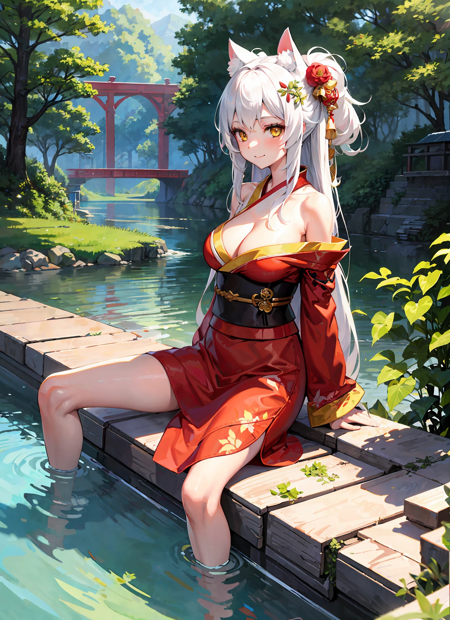 masterpiece, best quality, 1girl, yellow eyes, long hair, white hair, sitting, red kimono, large breasts, light smile, arms behind back, nature, hair ornament, animal ears, bridge, water