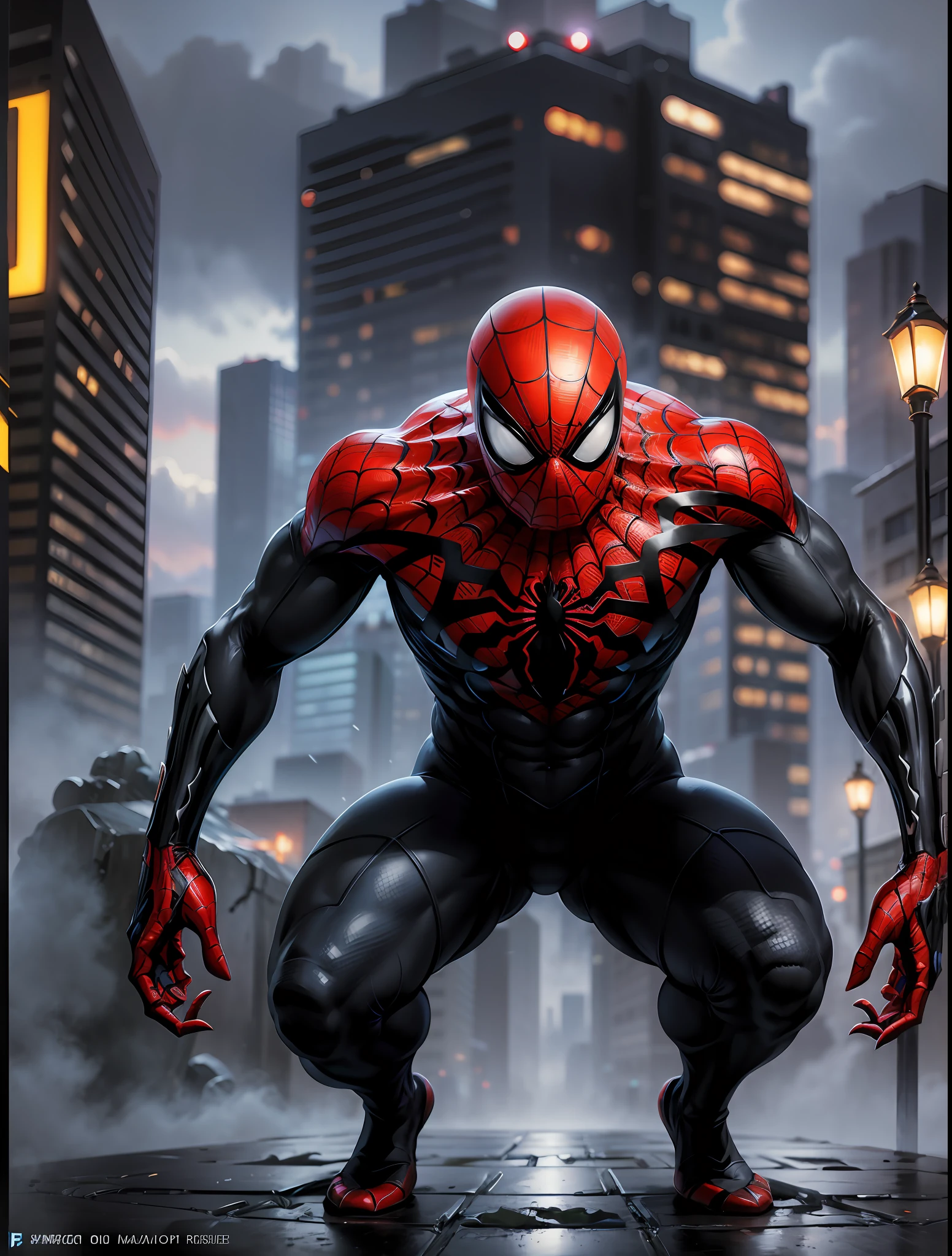 Spiderman, full face covered, symbiote, scared, black slime, octane render, bioluminescent,8K resolution concept art, realism,by Mappa studios,masterpiece,best quality,official art,illustration,ligne claire,(cool_color),perfect composition,absurdres, tall body, super hero landing pose, (cyberpunk city background), spider man symbiote suit,close shot, spider man focus, full body,neon light