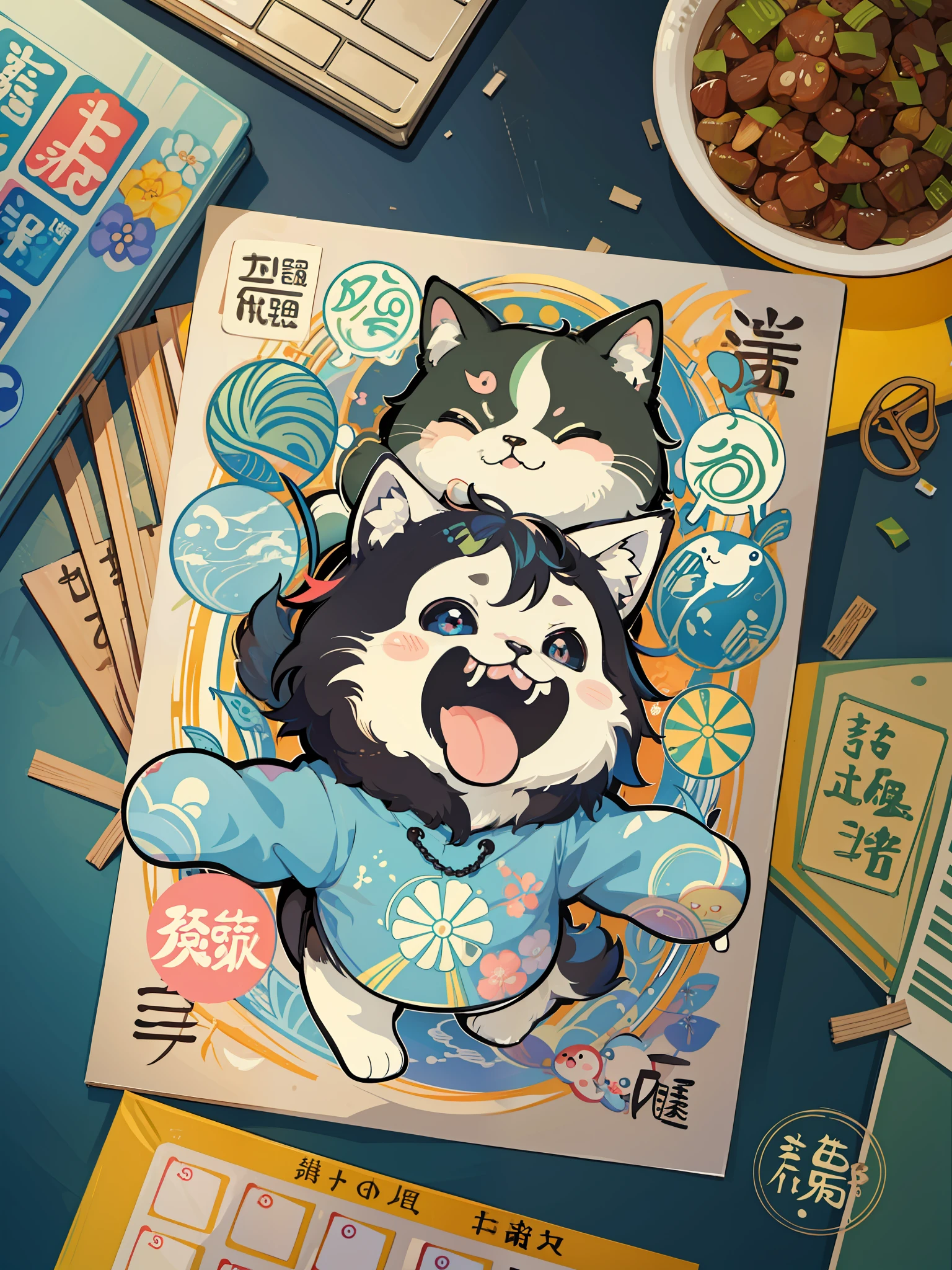 there are many different animals and words written in chinese, hand painted cartoon art style, art cover, kawaii cutest sticker ever, sticker illustration, by Shiba Kōkan, by Kōno Michisei, cute features, 中 元 节, by Gusukuma Seihō, stickers illustrations, cute characters