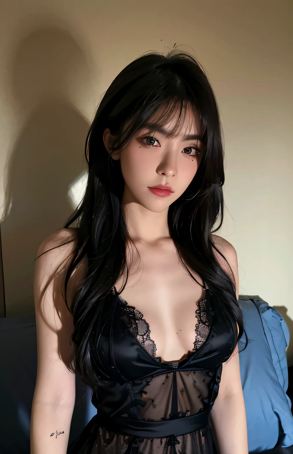 Best quality, masterpiece, ultra high res, (photorealistic:1.4), raw photo, 1girl, ((black lace nightgown)), ((small breast)), cold light
