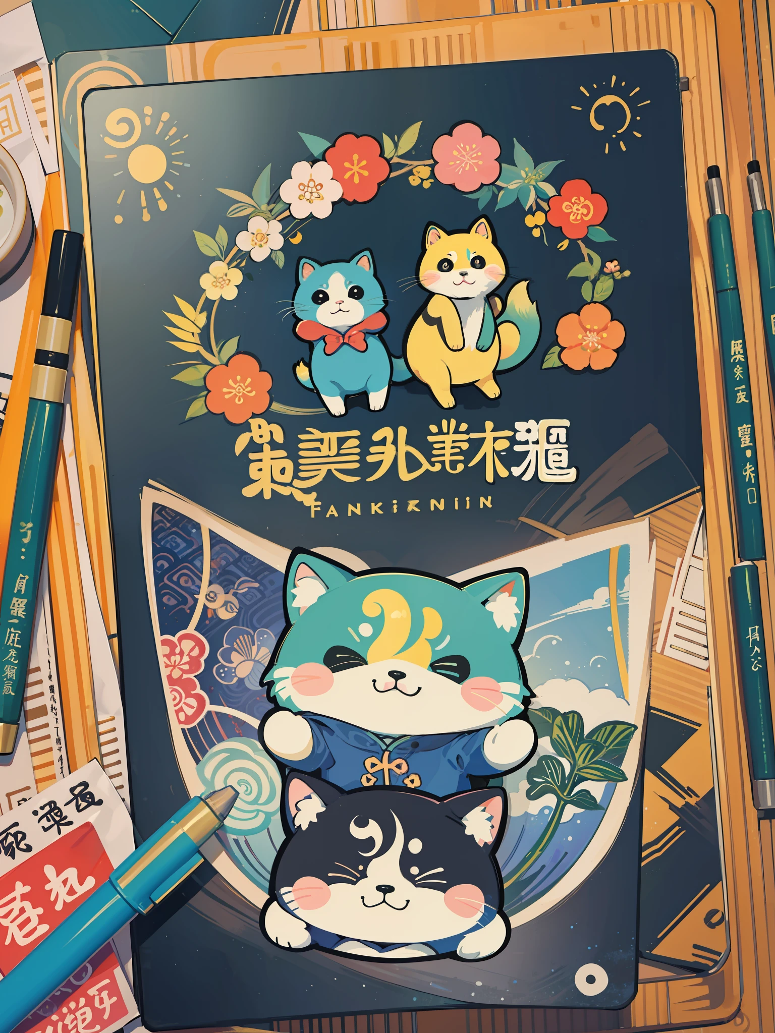 there are many different animals and words written in chinese, hand painted cartoon art style, art cover, kawaii cutest sticker ever, sticker illustration, by Shiba Kōkan, by Kōno Michisei, cute features, 中 元 节, by Gusukuma Seihō, stickers illustrations, cute characters