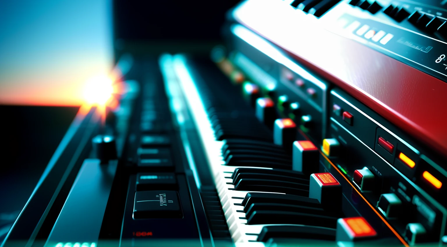 a close up of a close up of a dirty, used (musical instrument), 1 9 8 0 s tech, roland, from the 8 0 s, late 80's, tape deck, synthesizers, photo from the 80s, 80s nostalgia, (synthesizer), (synth), retro and 1 9 8 0 s style, vintage electronics, 80s retro, 4K, back light, volumetric light, depth of field, ambient occlusion, mist, early sunrise, masterpiece