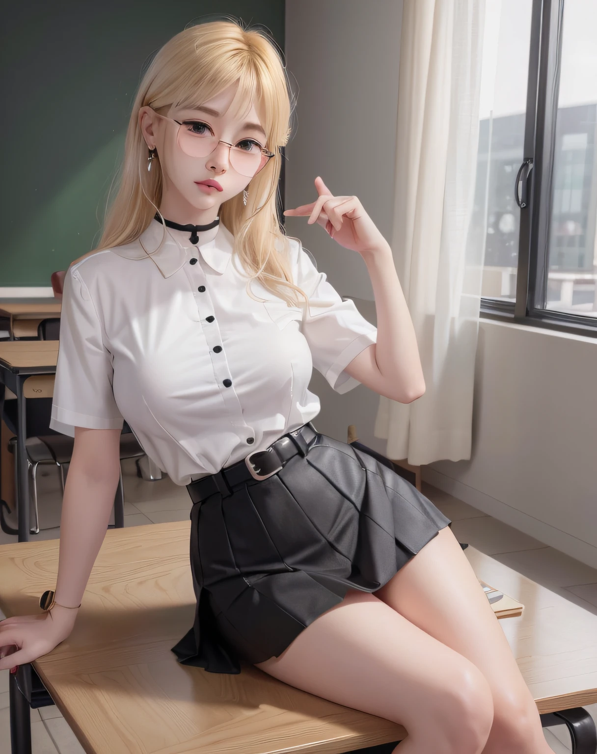absurdres, 1girl, blush, (realistic:1.5), (masterpiece, Extremely detailed CG unity 8k wallpaper, best quality, highres:1.2), (ultra_detailed, UHD:1.2), perfect illumination, distinct, (1girl:1.4), looking at viewer, unreal engine, sidelighting, perfect face, detailed face, perfect body, beautiful eyes, pretty face, (bright skin:1.4), idol, (abs), ulzzang-6500-v1.1,,((narrow waist)),(blonde hair),MAHALAIUNIFORM,(((WHITE SHIRT SHORT SLEEVES))),((BLACK polished PENCIL SKIRT)),((BLACK PLEATED SKIRT)),((in the classroom)),(choker),((white shirt short sleeves )),((black pencil skirt)),(belt),((sitting on the table)),(Full body:1.4),bangs,((glasses)),sharp eyes,peck the corners of the mouth,silver earrings,hands in hair,silver watch,((medium breast))