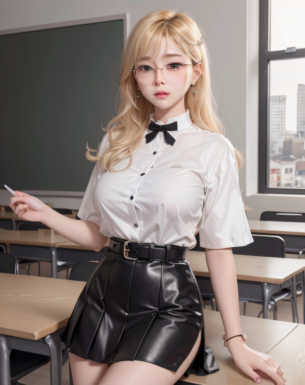 absurdres, 1girl, blush, (realistic:1.5), (masterpiece, Extremely detailed CG unity 8k wallpaper, best quality, highres:1.2), (ultra_detailed, UHD:1.2), perfect illumination, distinct, (1girl:1.4), looking at viewer, unreal engine, sidelighting, perfect face, detailed face, perfect body, beautiful eyes, pretty face, (bright skin:1.4), idol, (abs), ulzzang-6500-v1.1,,((narrow waist)),(blonde hair),MAHALAIUNIFORM,(((WHITE SHIRT SHORT SLEEVES))),((BLACK polished PENCIL SKIRT)),((BLACK PLEATED SKIRT)),((in the classroom)),(choker),((white shirt short sleeves )),((black pencil skirt)),(belt),((sitting on the table)),(Full body:1.4),bangs,((glasses)),sharp eyes,peck the corners of the mouth,silver earrings,hands in hair,silver watch,((medium breast))