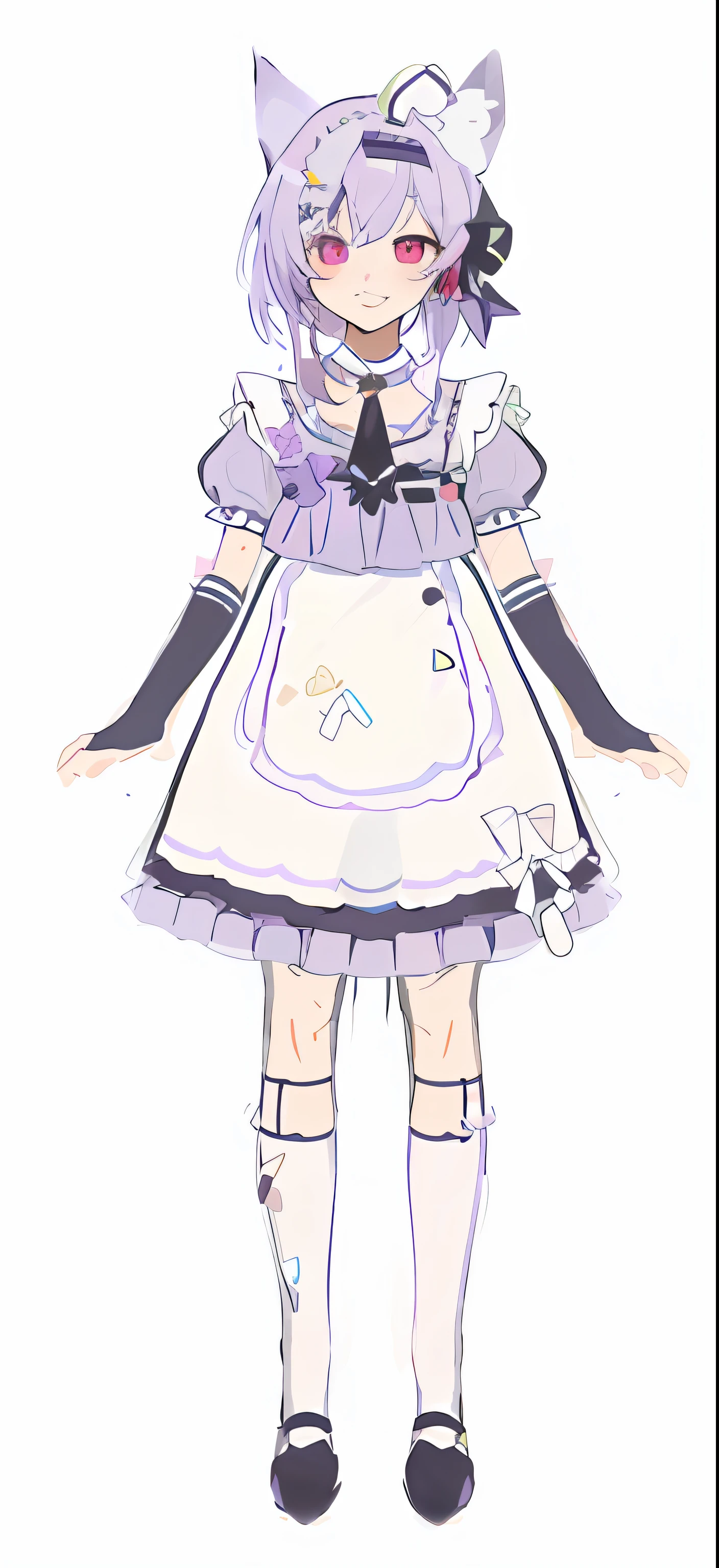 Anime characters in maid outfits with cat ears, maid outfits, dresses, anime girls in maid costumes, anime cat girls in maid costumes, clear costume design,!! Full body portrait!!, maid dress, lilac hair, red eyes, three views, purple flower brooch, light purple blouse, black sleeves