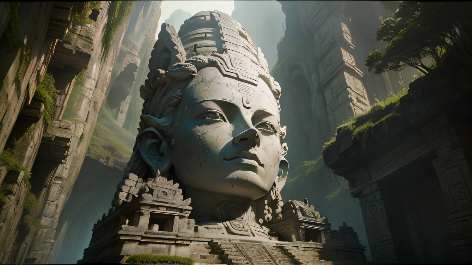 statue of arafed in a cave with a sky background, cgs film society, mayan architecture, fabian wagner cinematography, beautiful vietnam jungles, ash thorp, found footage screenshot, sanskrit, great pillars, lotus