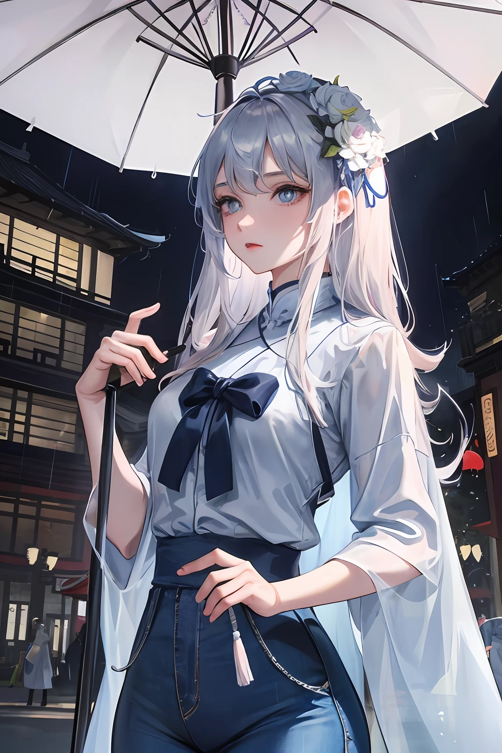 On the rainy playground, mature woman with umbrella above her head, the background is the campus, blue denim leggings, delicate facial features, light blue eyes, masterpiece superb night moon full moon 1 female mature woman Chinese sister royal sister cold face showing silver white long hair woman light pink lips calm intellectual three banded gray assassin lantern lantern flower ball background strolling street scene, long hair shawl,