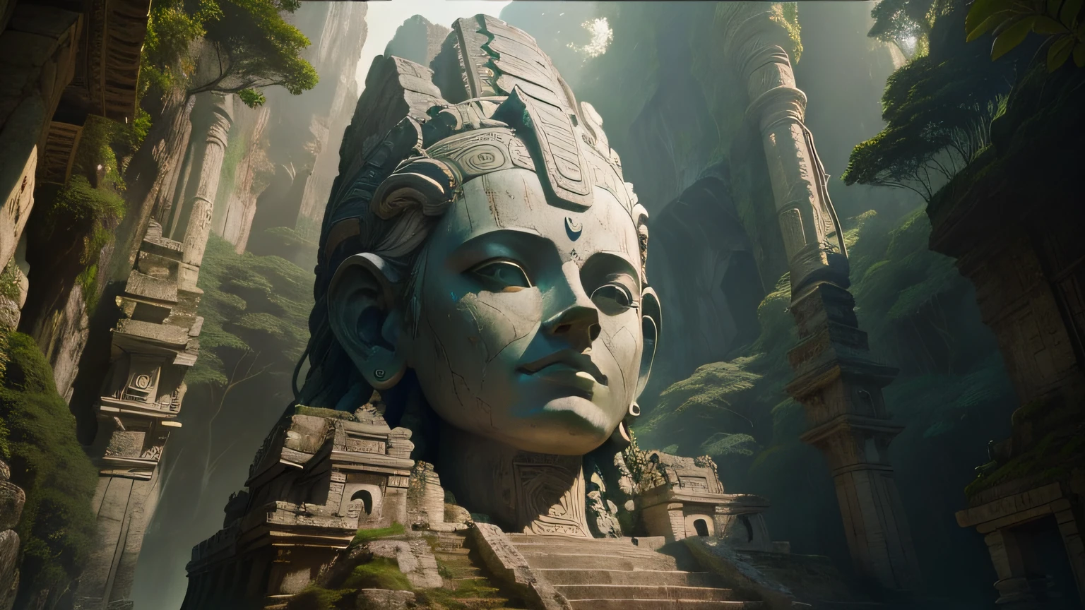 statue of arafed in a cave with a sky background, cgs film society, mayan architecture, fabian wagner cinematography, beautiful vietnam jungles, ash thorp, found footage screenshot, sanskrit, great pillars, lotus
