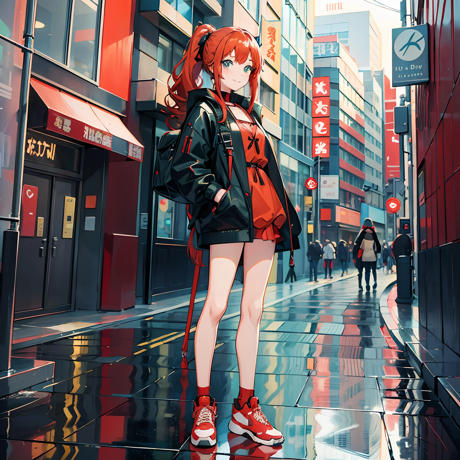 1 pretty girl, illustration, anime, red and black clothes, ponytail, turquoise eyes, smile, 8 heads, loosely wavy orange hair、!! Full body portrait!!、 late s, raincoat, luxury sneakers, fashion model, rucksack, near future, turquoise ribbon, pale color, building in Shibuya, blue sky