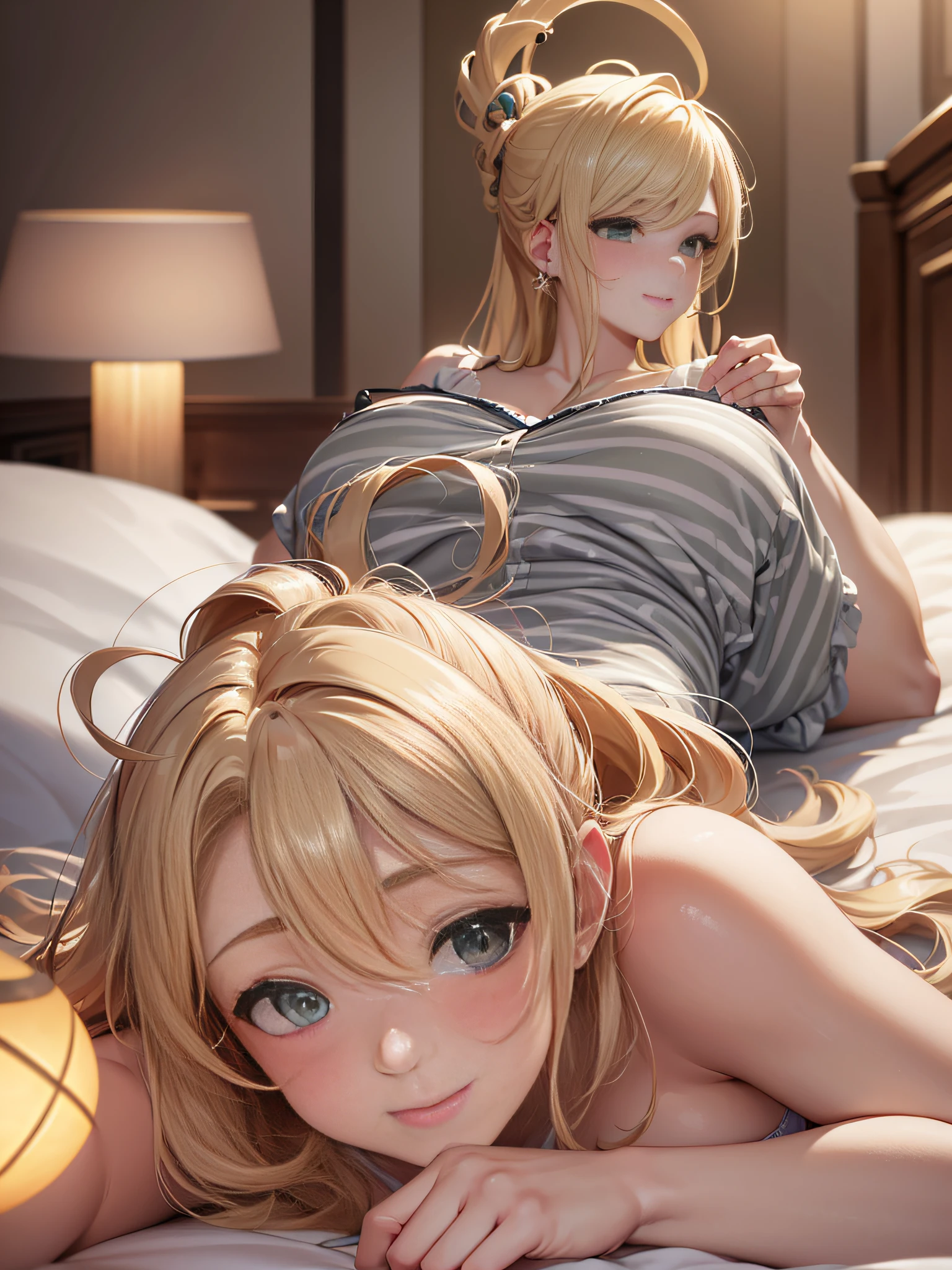 Masterpiece, Best Quality, Official Art, (Highly Detailed CG Unity 8k wallpaper), Detailed background, (Hands by Guido Daniele: 1.1), Feet out of frame, First Person View, 1, Beautiful woman who is attractive and perfect, Lying face down on the bed, Turning back, (Curvaceous), (((Sleepy: 1.14))), (Ass sticking out, Pajamas, Sleepwear, Underwear, White thighs: 1.12), ( Blonde Long Hair: 1.12), (Ahoge: 1.13), (High Ponytail: 1.12), (Green Eyes: 1.13), Look at the Beholder, Big, (cleavage), Beautiful Face, (Blush: 1.11), (Smile: 1.11)