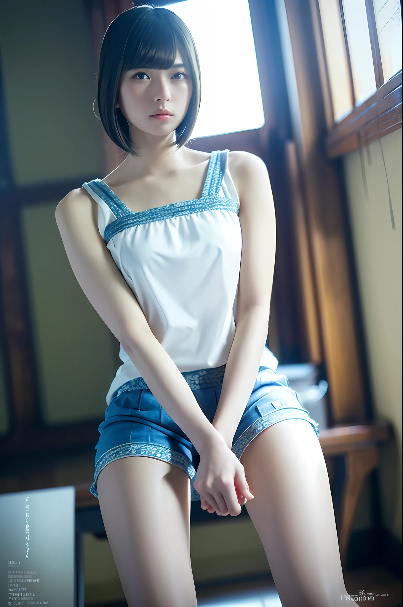 Top quality, Masterpiece, High Definition, 1girl, Beautiful and perfect face, Bob cut, Intricate details, Cinematic feel, 8K, Very detailed,White gym clothes,Blue bloomers,Open legs