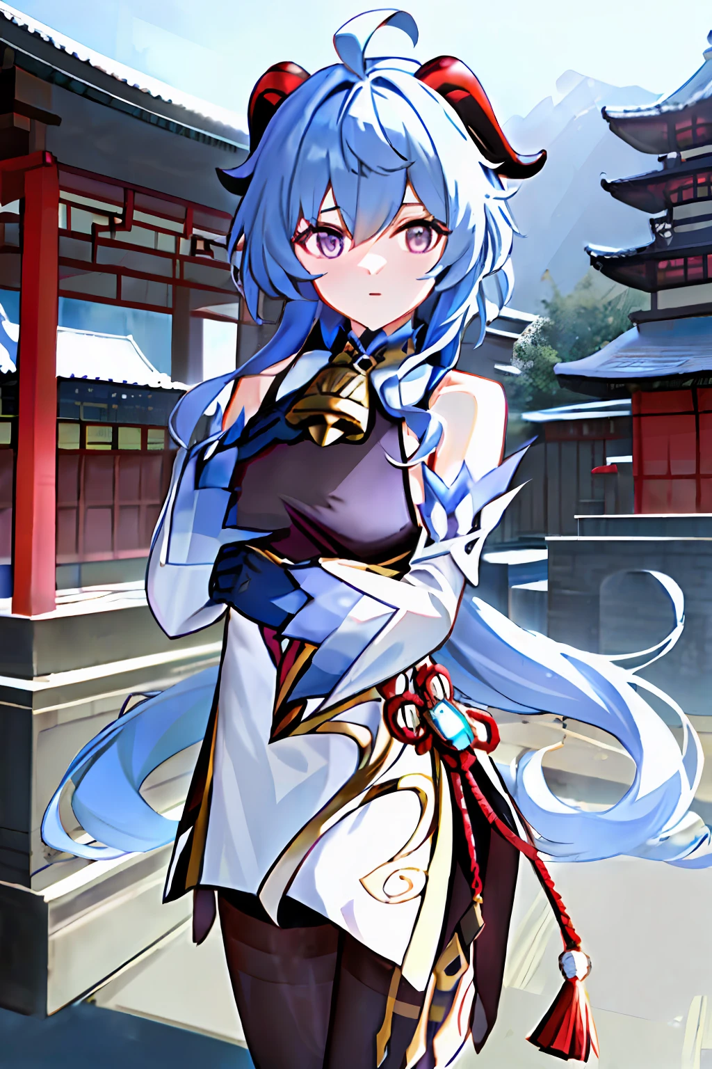 ganyu\(genshin impact\), 1girl, ahoge, architecture, bangs, bare shoulders, bell, black gloves, black tights, ((blue hair), blush, breasts, chinese knot, sleeve, East Asian architecture, flower knot, glove, horn, long hair, looking at the audience, medium chest, neckbell, night, outdoor, pantyhose, purple eyes, sideburns, solo, tassels, white sleeves, ((masterpiece))