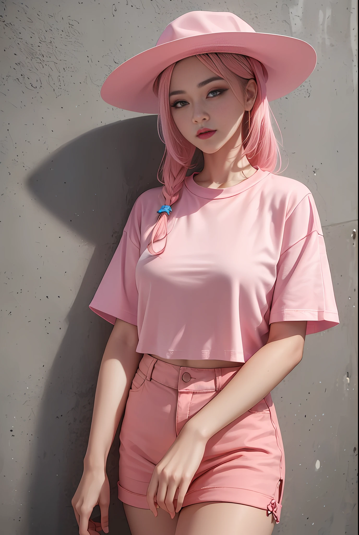 a woman wearing a pink shirt and a pink hat leaning against a wall, trendy clothes, trending on r/streetwear, she is wearing streetwear, fancy top, casual clothing style, pink shirt, pink clothes, tricky, cute casual streetwear, streetwear fashion, t - shirt, peach and goma style, t-shirt, trending on cgisociety, light pink tonalities, (hyperrealistic), (illustration), (high resolution), (8K), (extremely detailed), (best illustration), (beautiful detailed eyes), (best quality), (ultra-detailed), (masterpiece), (wallpaper), (detailed face)