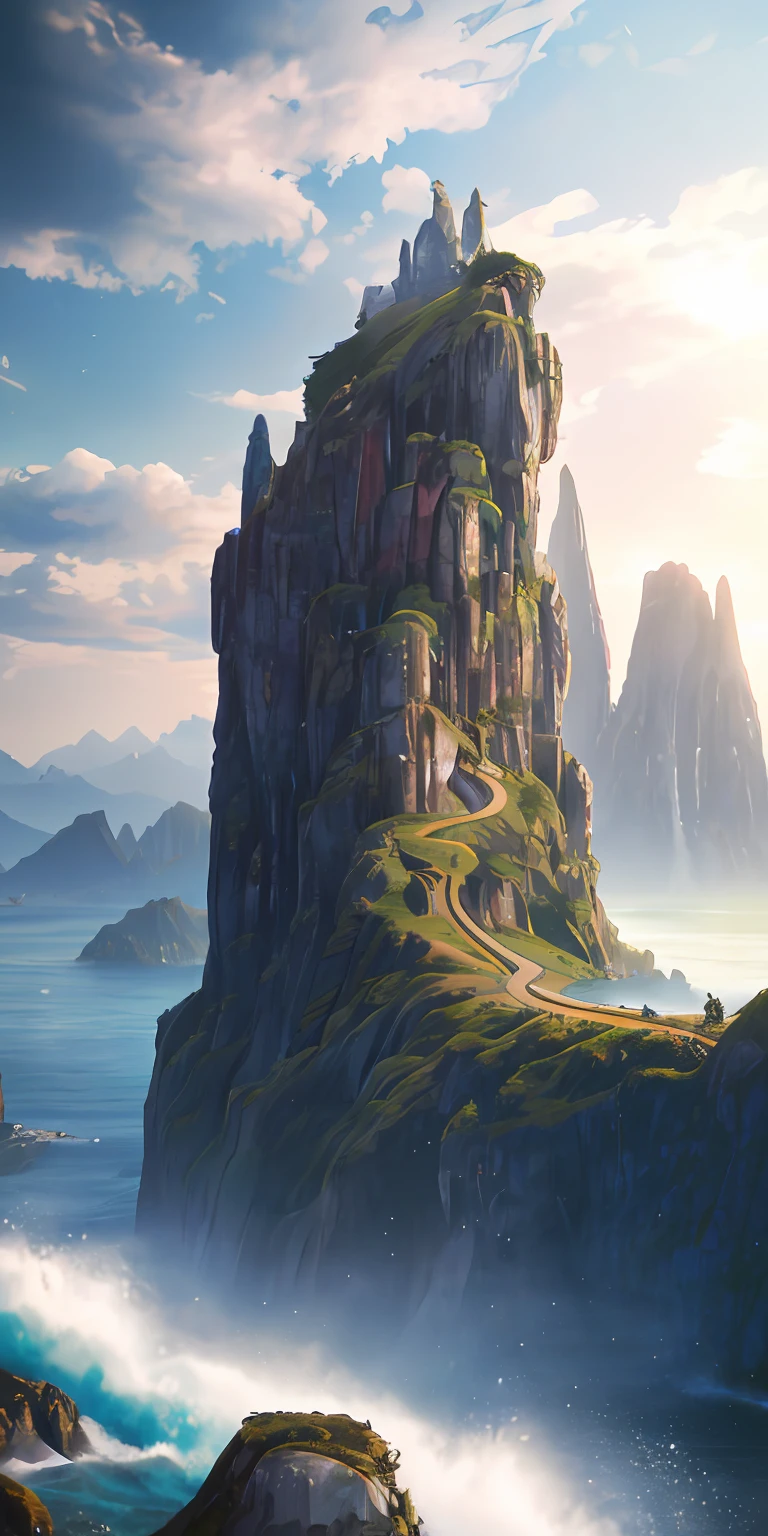 Masterpiece, best quality, high quality, extremely detailed CG unity 8k wallpaper, landscape, outdoor, sky, cloud, sky, no humans, mountain, landscape, water, tree, blue sky, waterfall, cliff, nature, lake, river , cloudy skies, award winning photography, bokeh, depth of field, HDR, bloom, chromatic aberration, photorealism, very detailed, trending on artstation, trending on CGsociety, intricate, high detail, dramatic, midjourney art