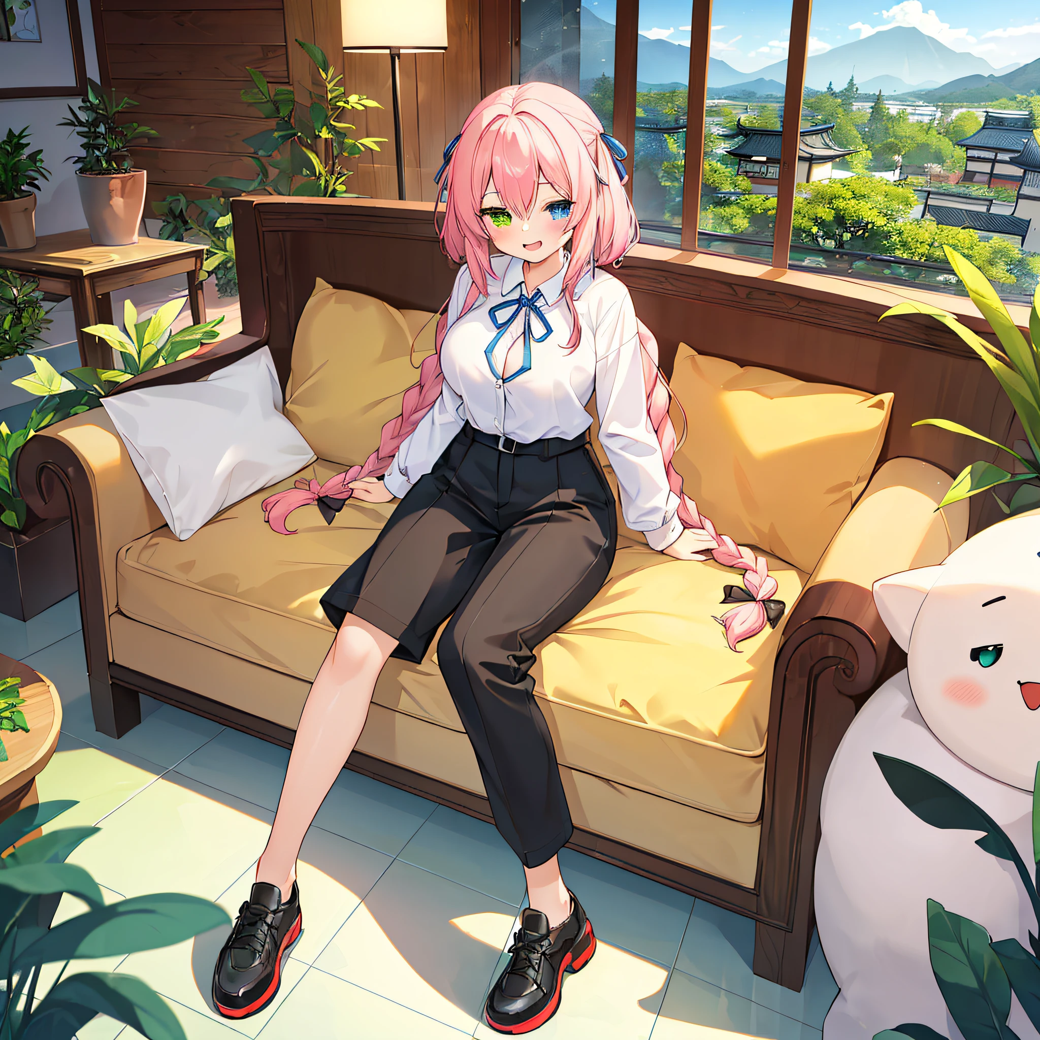 (masterpiece,ultra-detailed,Best quality, 8k, 32k,high resolution,Kyoto Animation style of anime illustration, highest quality official art featuring:1.6),(heterochromia,blue eyes and green eyes:1.8),(chibi:1.8),(caregiver,1 cute girl,solo,standing,looking at viewer,full body,front body,cute open mouth,make up,kawaii,happy smile:1.3),(li:1.2),(kawaii:1.5),(Clothing:black long under shirt,simple design red polo shirt with 3buttons, black pants),(Footwear:sneaker),(pale pink hair, twin braids, long hair,hair ribbon,cute ribbon:1.1),slender eyebrows, large breast,(bakcground:couch, plant, indoors, scenery, chair, table, pillow, wooden floor, potted plant, tile floor, tiles, lamp)