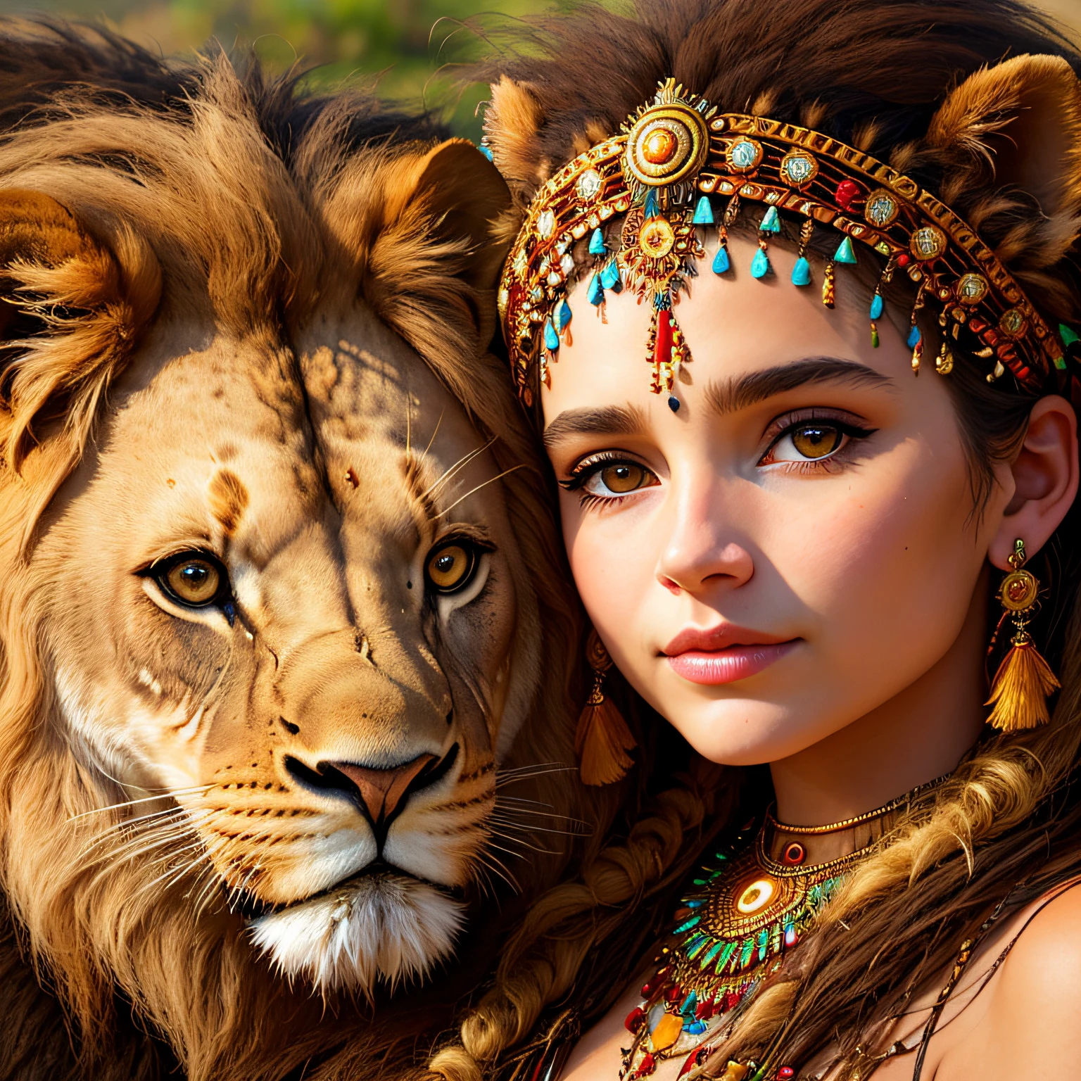 Lion's face close-up, next to a beautiful girl hugging a lion, the girl has feather jewelry on her heads and neck, a shaman, a leader's daughter, illustration in warm shades, photorealistic, 7k resolution, expressive eyes looking at the viewer, 3: 1 format,