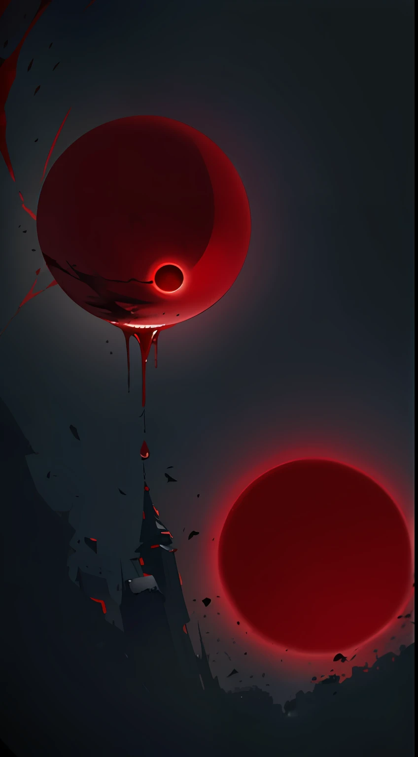 It is a red eye, surrounded by darkness, and there is a red liquid flowing in the darkness.