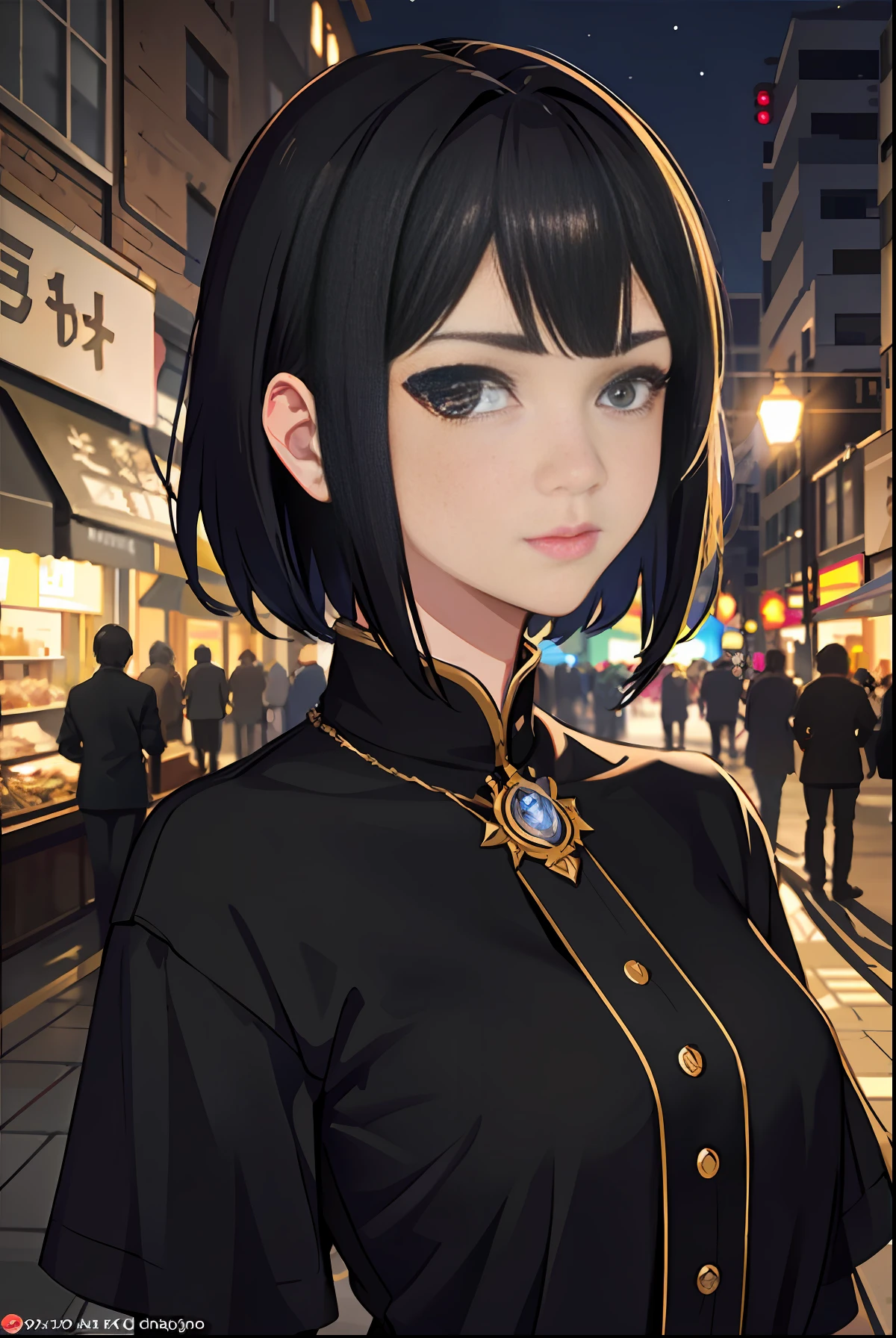 (halfbody shot,street lamps,moon),Masterpiece, 1girl, solo exhibition, beautiful woman on the bustling street, surrounded by hawkers, beautiful goddess girl portrait, beautiful and detailed face, porcelain skin, (((bust shot, center, night, black hair, short hair)), super soft lighting, symmetry, complexity, elegance, high detail, realism, art, concept art,